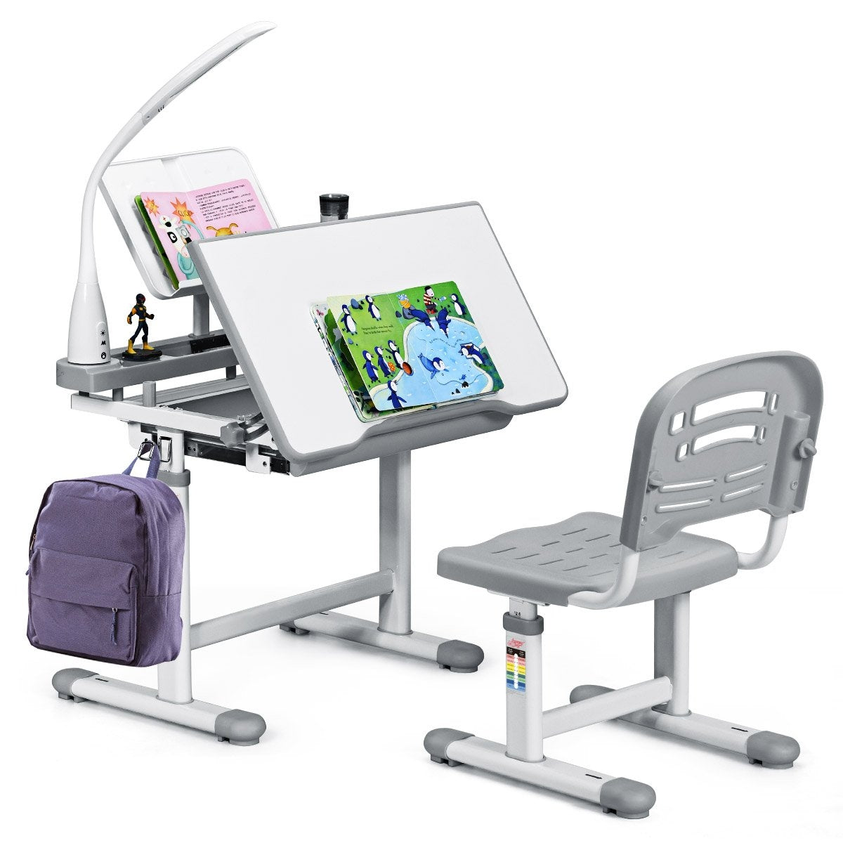 Children's desk, tilt-adjustable, student desk with lamp and chair, choice of colours: grey