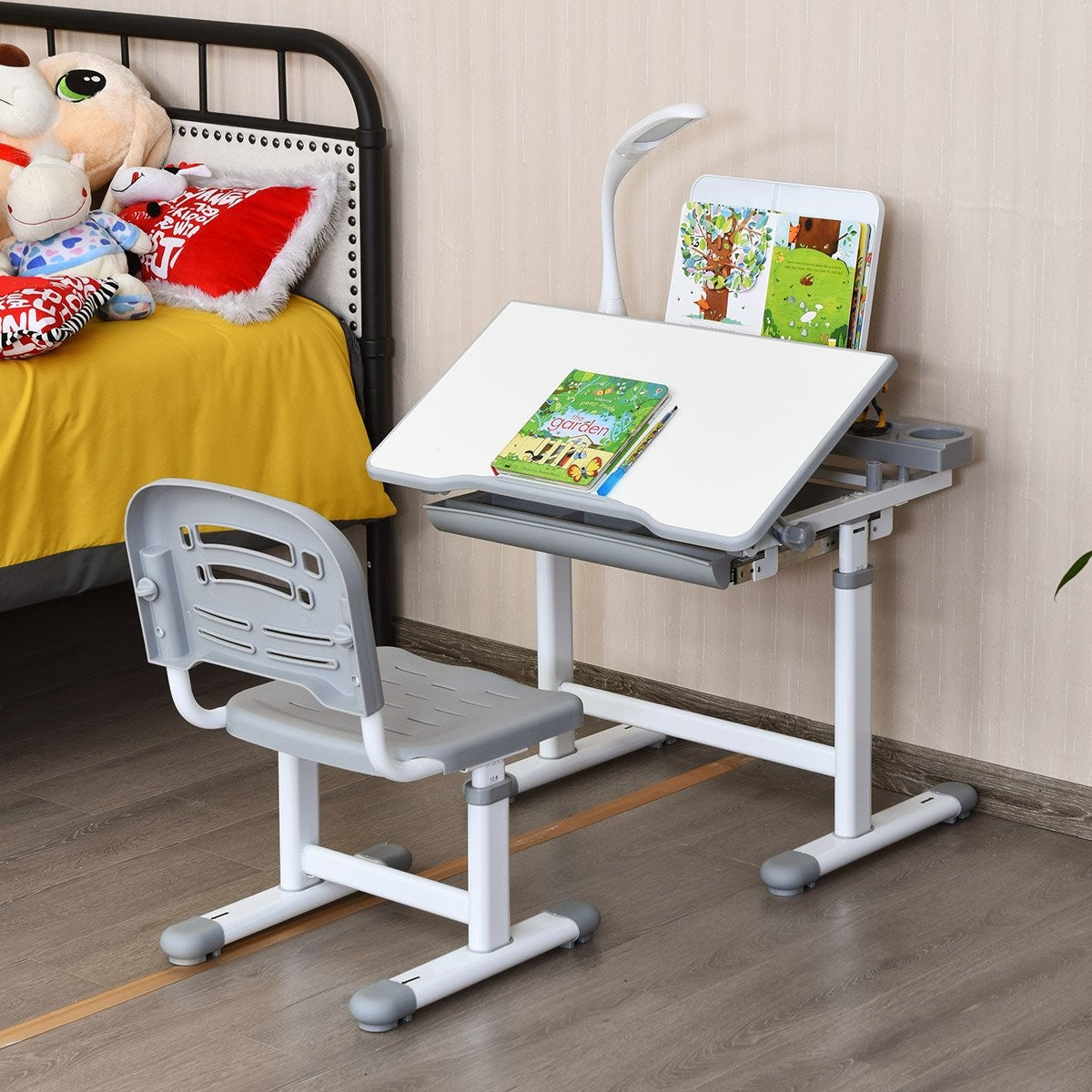Children's desk, tilt-adjustable, student desk with lamp and chair, choice of colours: grey