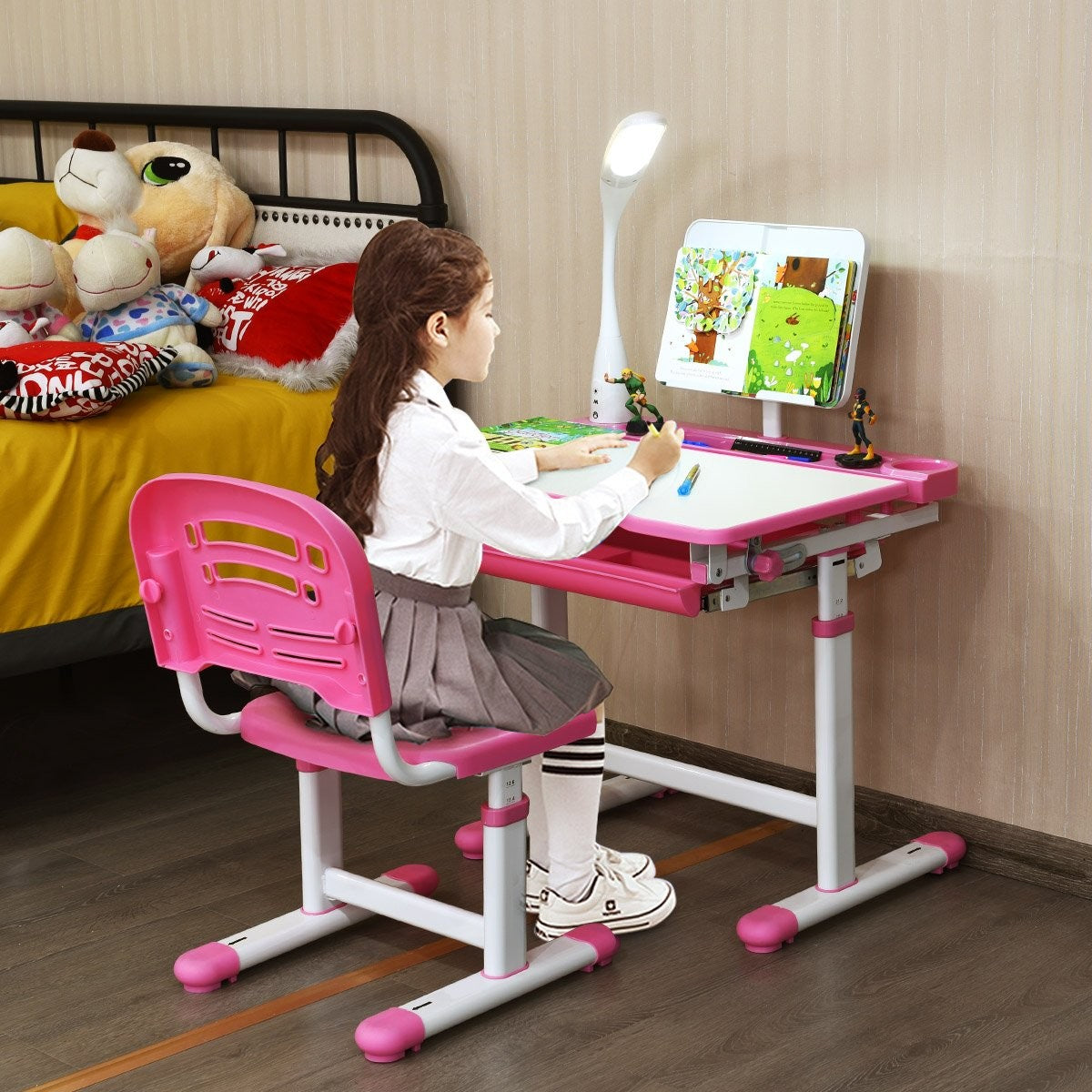 Children's desk, tilt-adjustable, student desk with lamp and chair, choice of colours: pink