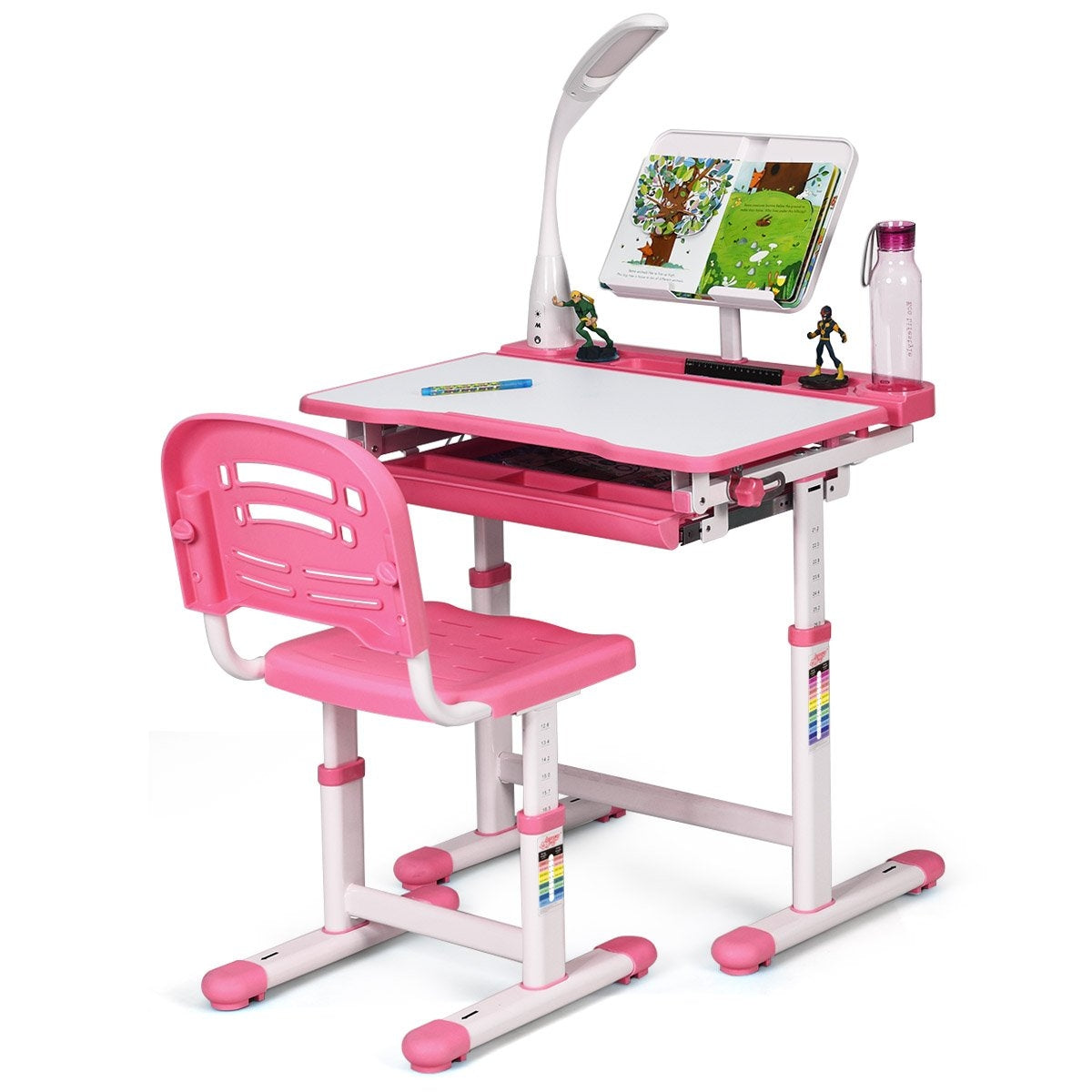 Children's desk, tilt-adjustable, student desk with lamp and chair, choice of colours: pink