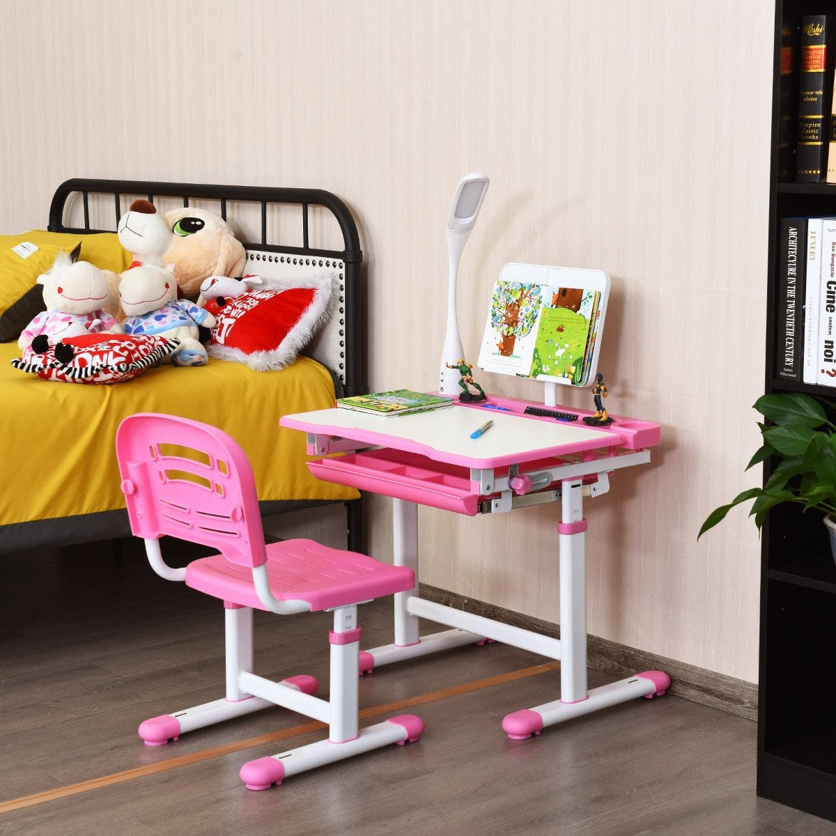 Children's desk, tilt-adjustable, student desk with lamp and chair, choice of colours: pink