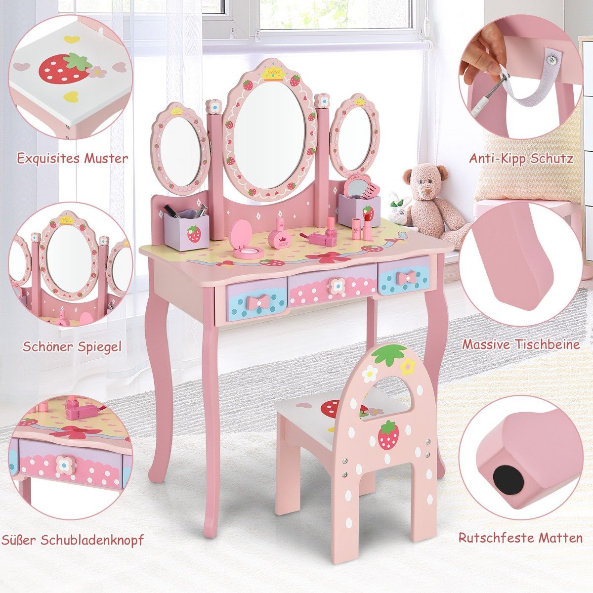 Children's dressing table children's hairdressing set with mirror 70 x 34 x 105 cm pink
