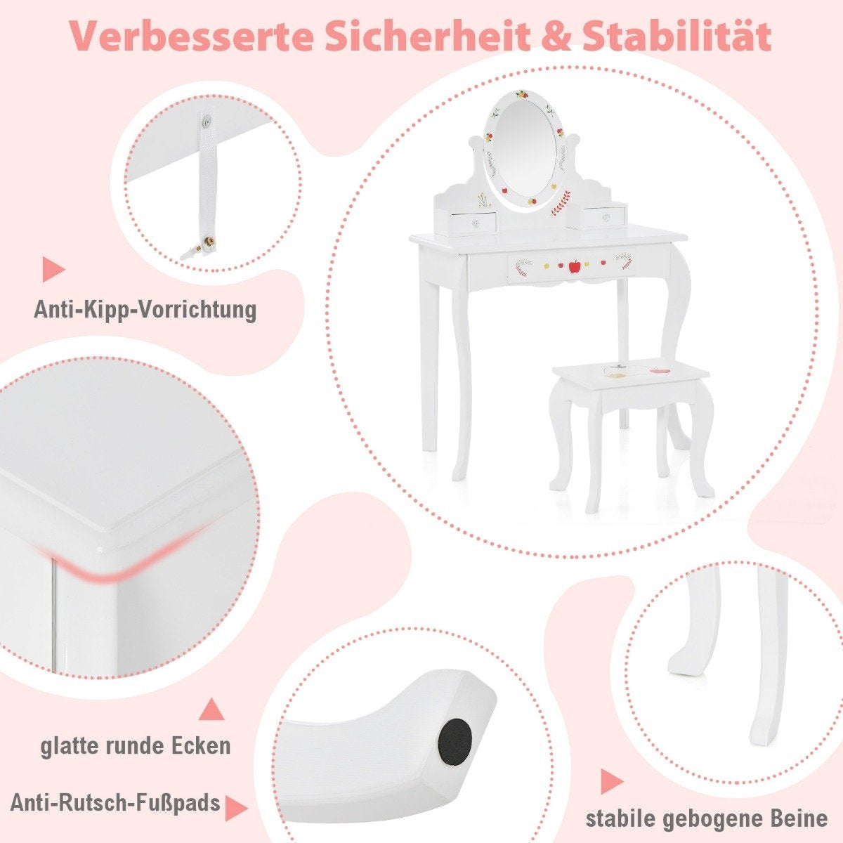 Children's dressing table & stool set dressing table with 360° rotating mirror white