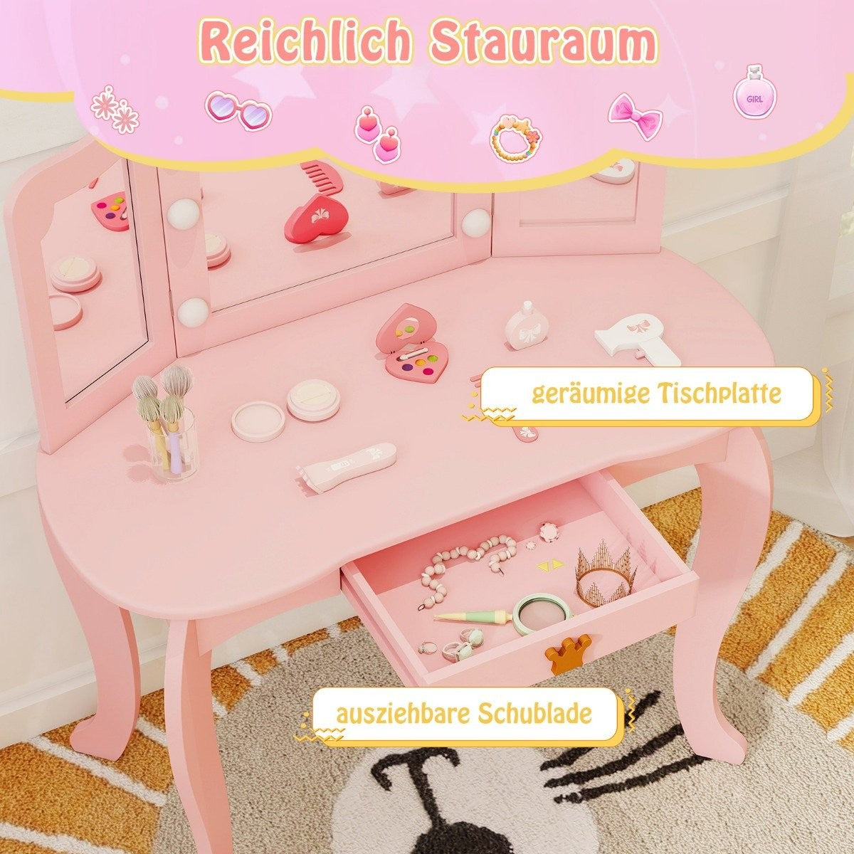 Children's dressing table with lighting, girls' dressing table with three-folding mirror, pink