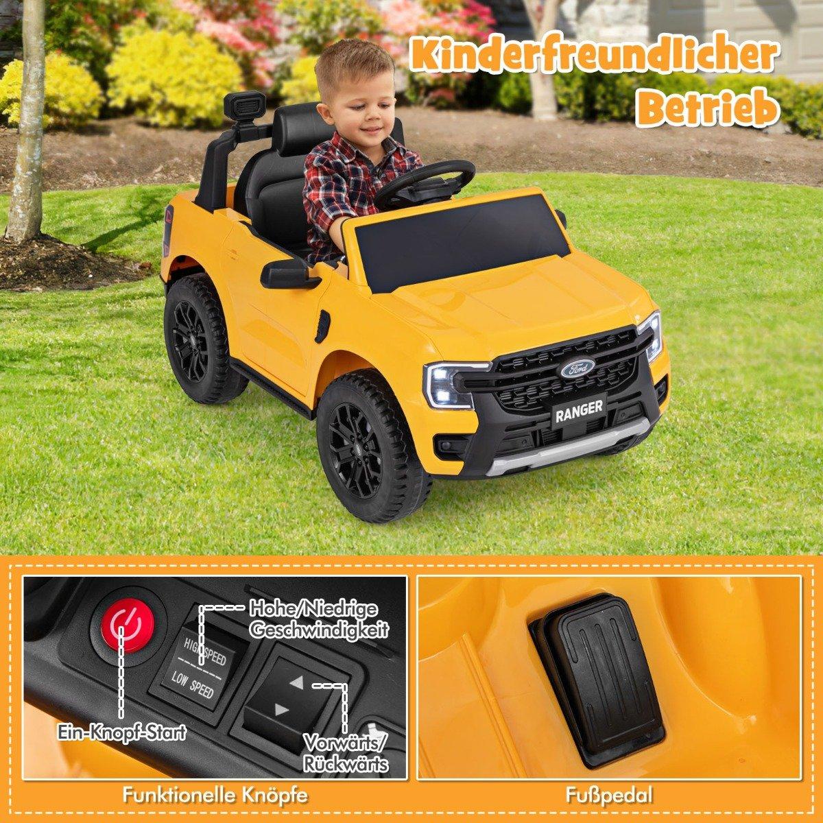 Children's electric car Ford 12V children's car electric with remote control & storage basket & USB & music yellow