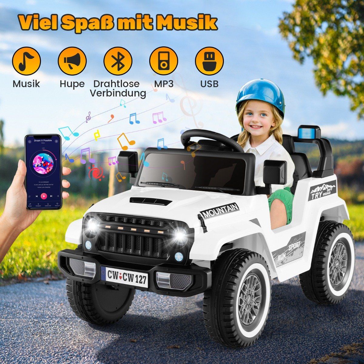 Children's electric jeep with double motor & Slow start & 4-spring suspension ride-on car white