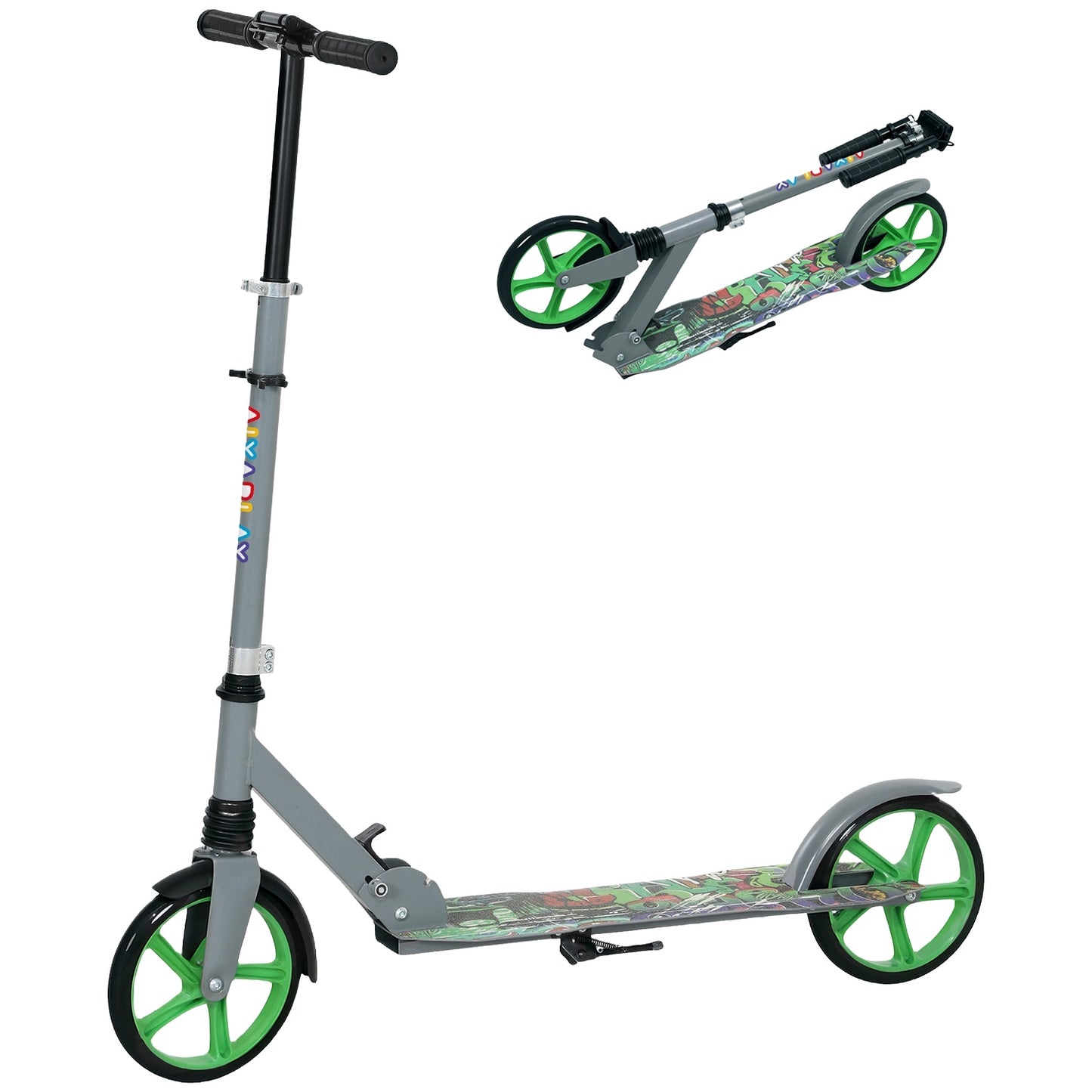 Children's foldable kick scooter, adjustable height, green