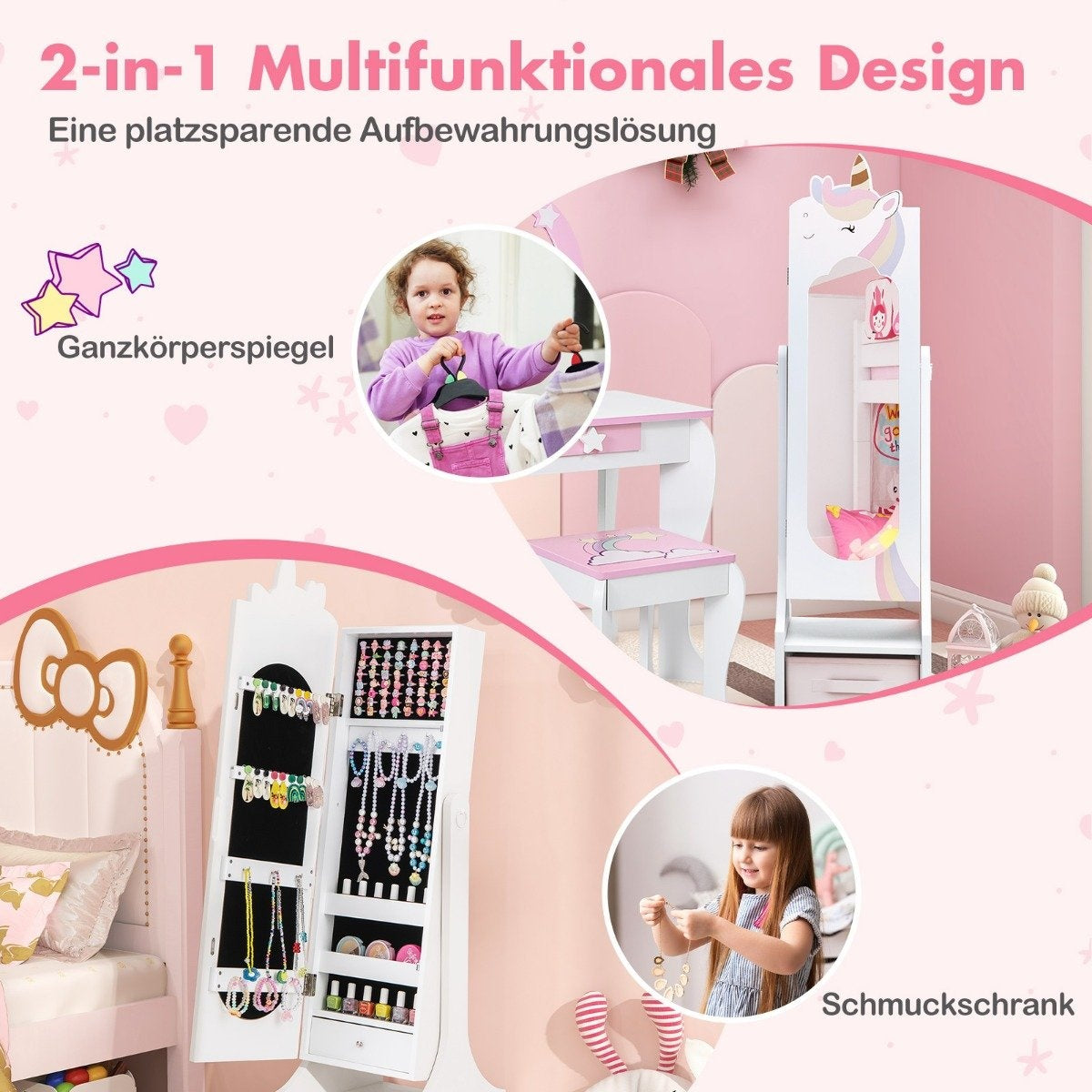 Children's jewelry cabinet 2 in 1 tilting mirror cabinet with full-length mirror white
