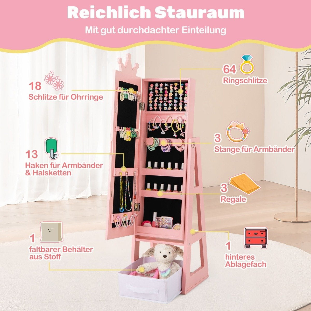 Children's jewelry cabinet 3 in 1 tilting mirror cabinet with full-length mirror pink