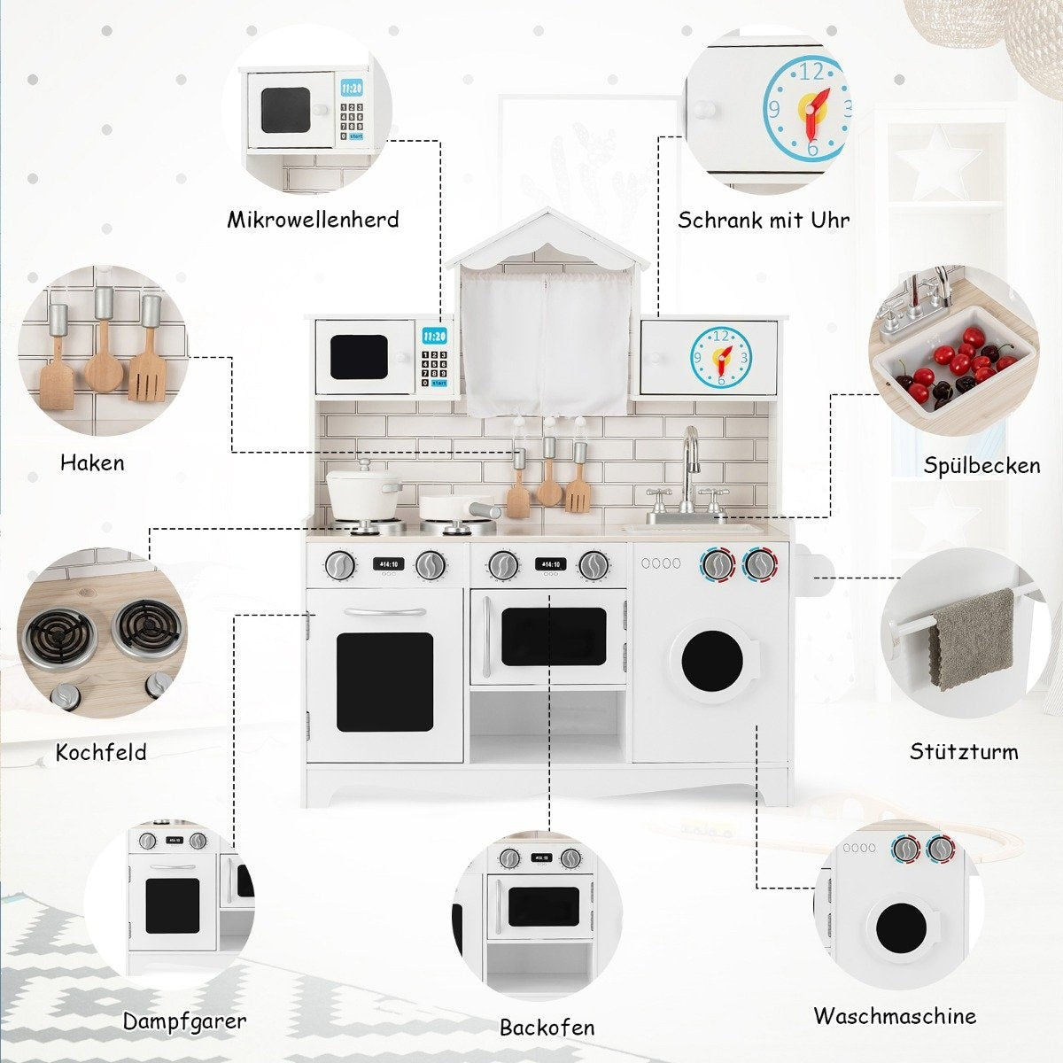 Children's kitchen including play accessories Play kitchen with washing machine & microwave 78 x 29 x 93 cm white