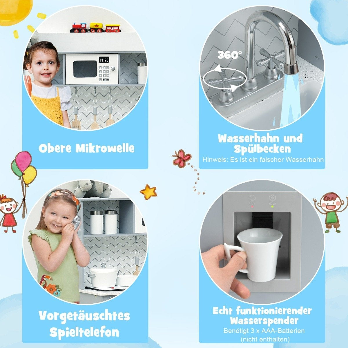 Children's kitchen with realistic light & sound & accessories 76 x 28 x 80 cm gray