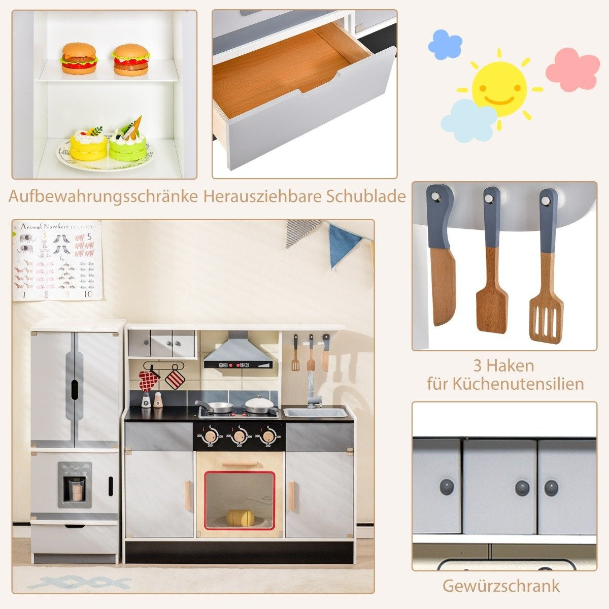 Children's kitchen with separable refrigerator & lights & music & sound & 12 accessories refrigerator