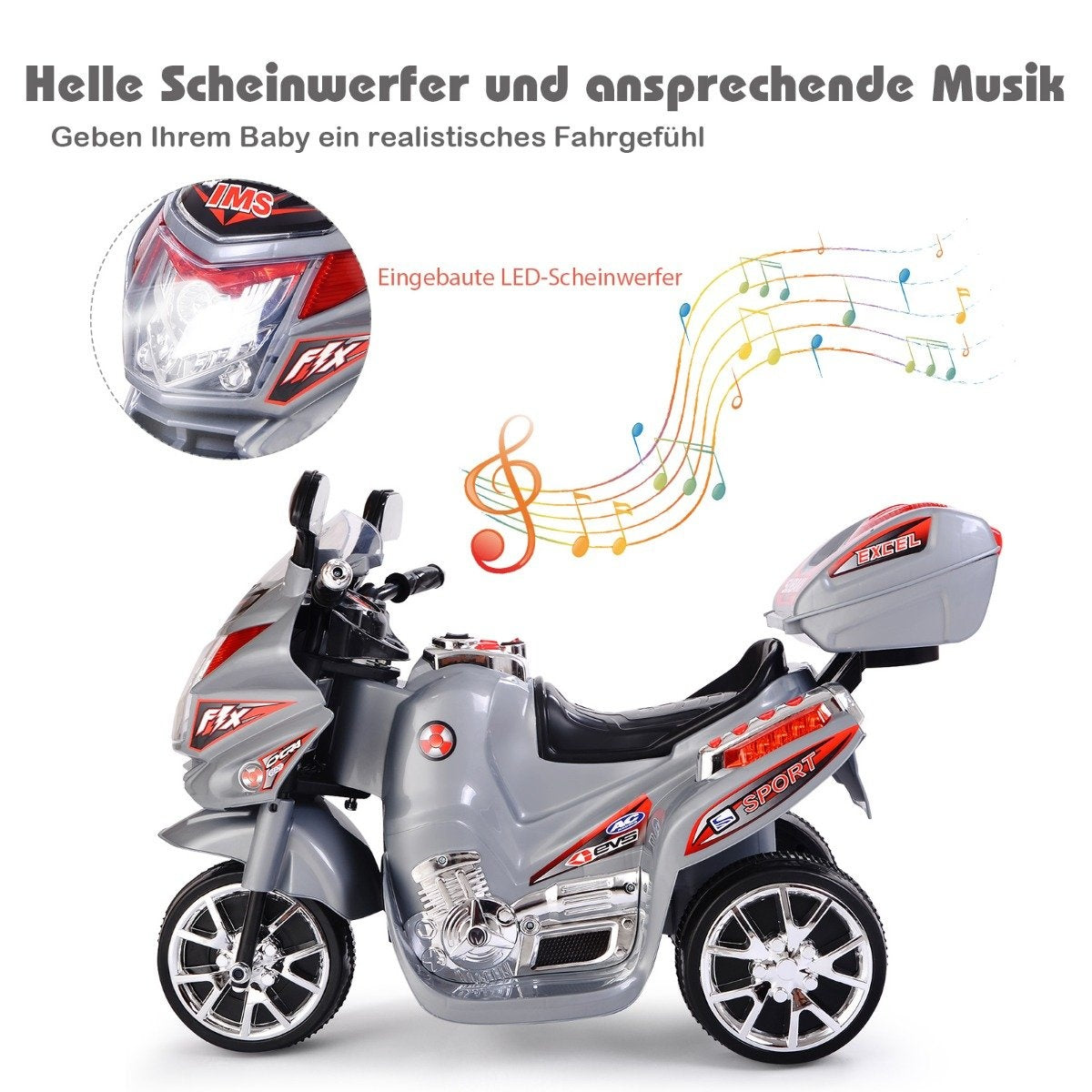 Children's motorcycle 6 V electric motorcycle with music and headlights for children gray