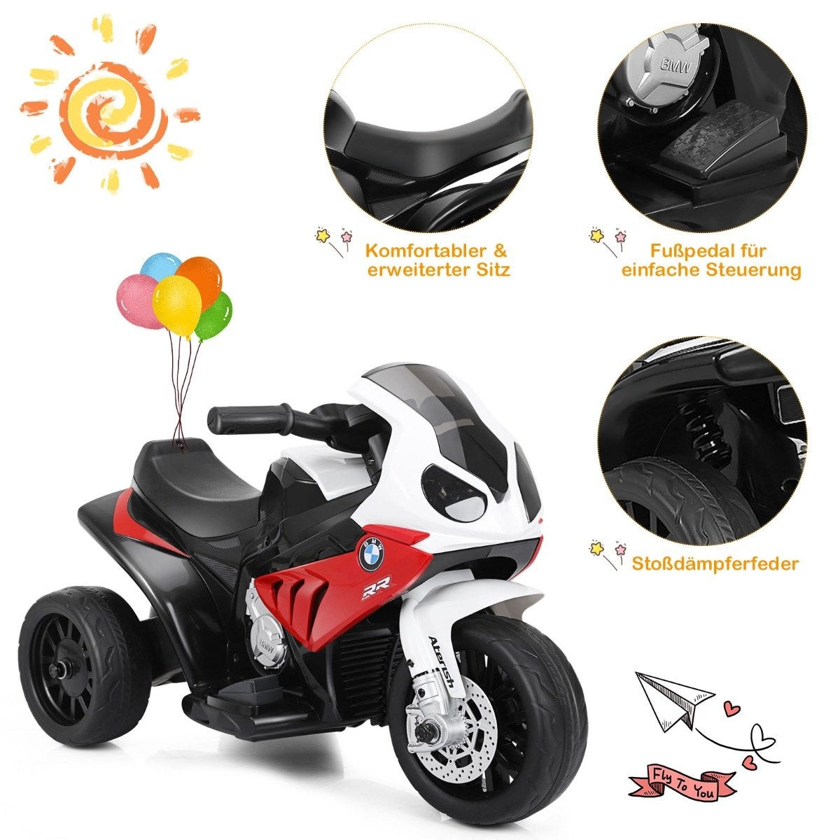 Children's motorcycle with training wheels 6 V electric motorcycle with music 66 x 37 x 44.5 cm red