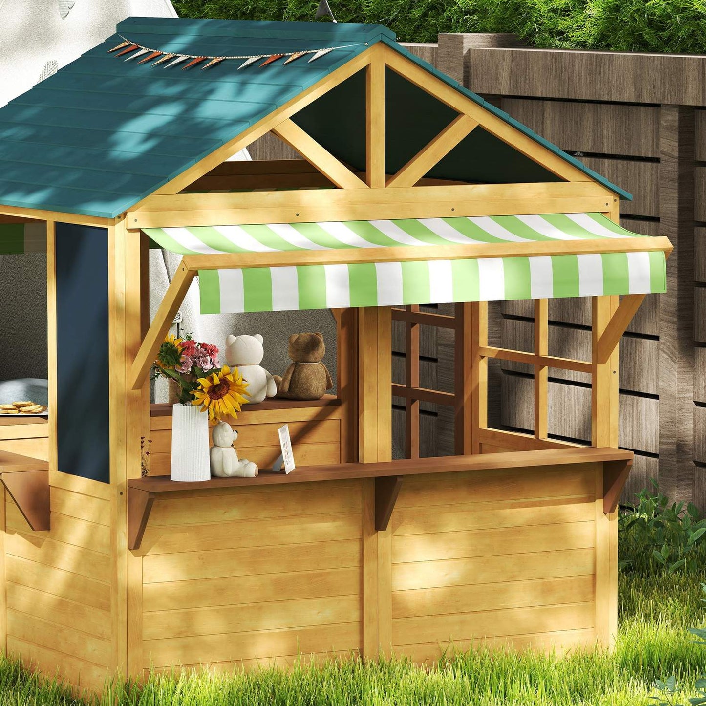 Children's playhouse made of fir wood, foldable house with windows, door, for children aged 3-8 years, brown+blue
