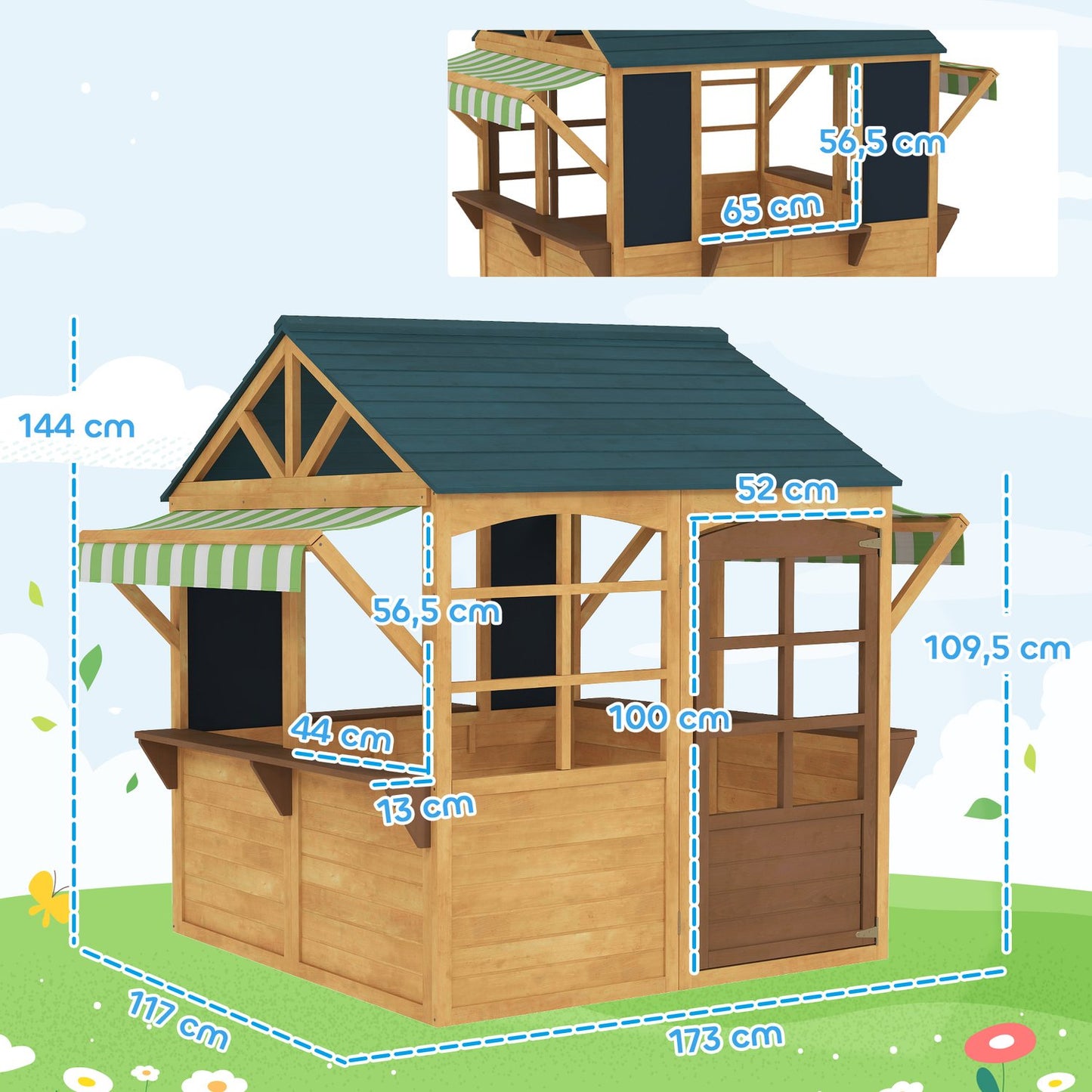 Children's playhouse made of fir wood, foldable house with windows, door, for children aged 3-8 years, brown+blue