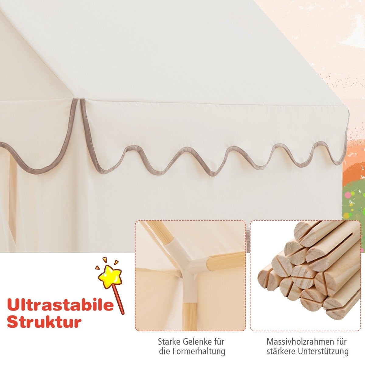 Children's playhouse with solid wood frame & cotton blanket children's tent beige