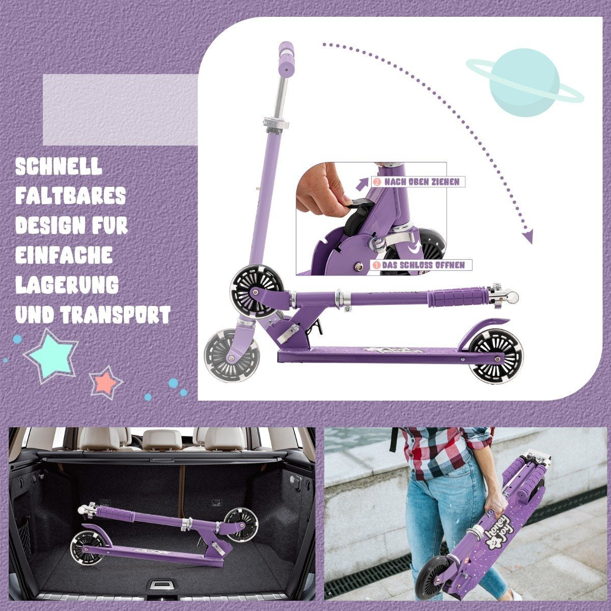 Children's scooter with LED wheels, height adjustable, children's scooter, city scooter, purple