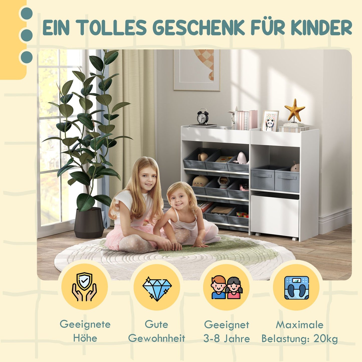 Toy shelf for children with 11 fabric drawers, 105x30x80 cm