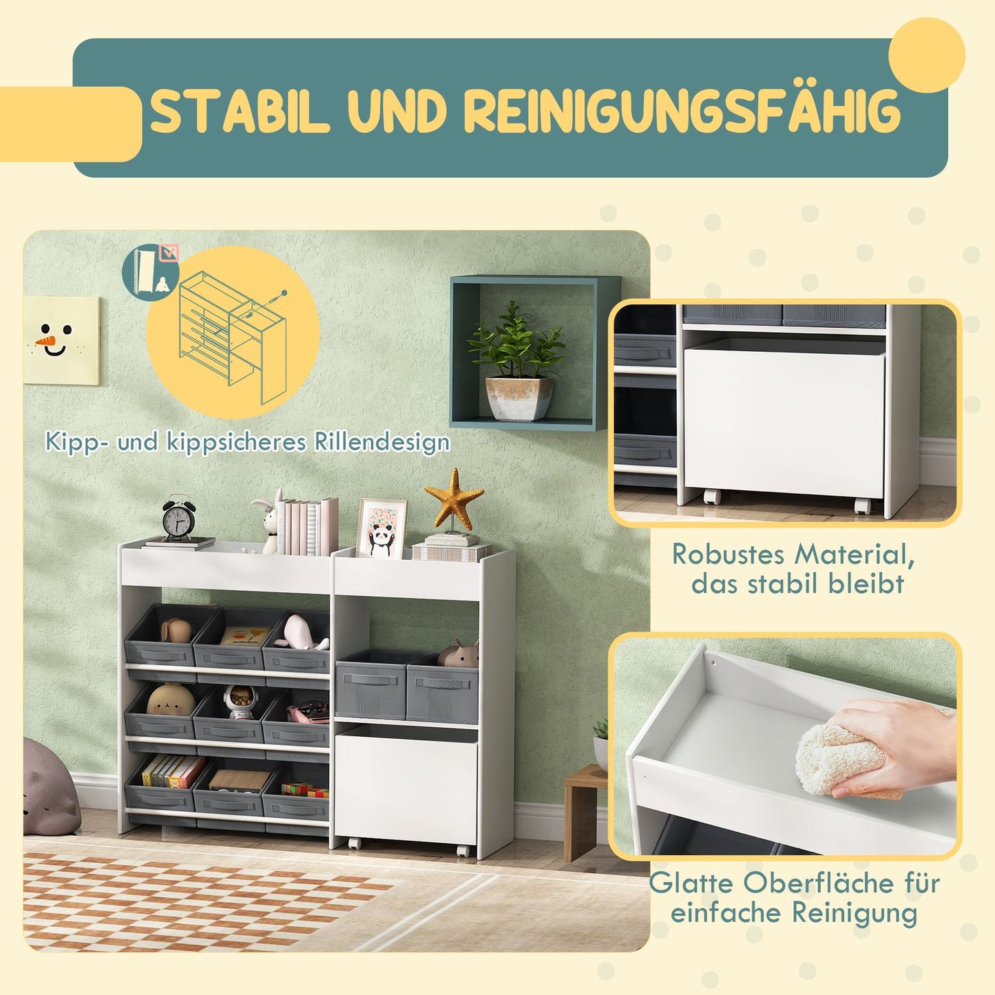 Toy shelf for children with 11 fabric drawers, 105x30x80 cm
