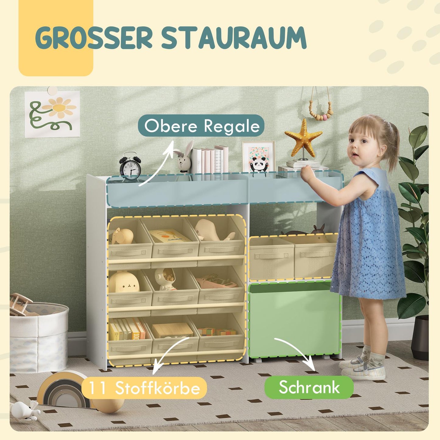 Toy shelf for children with 11 fabric drawers, 105x30x80 cm