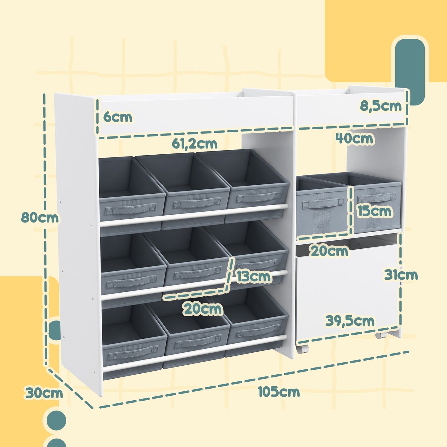 Toy shelf for children with 11 fabric drawers, 105x30x80 cm