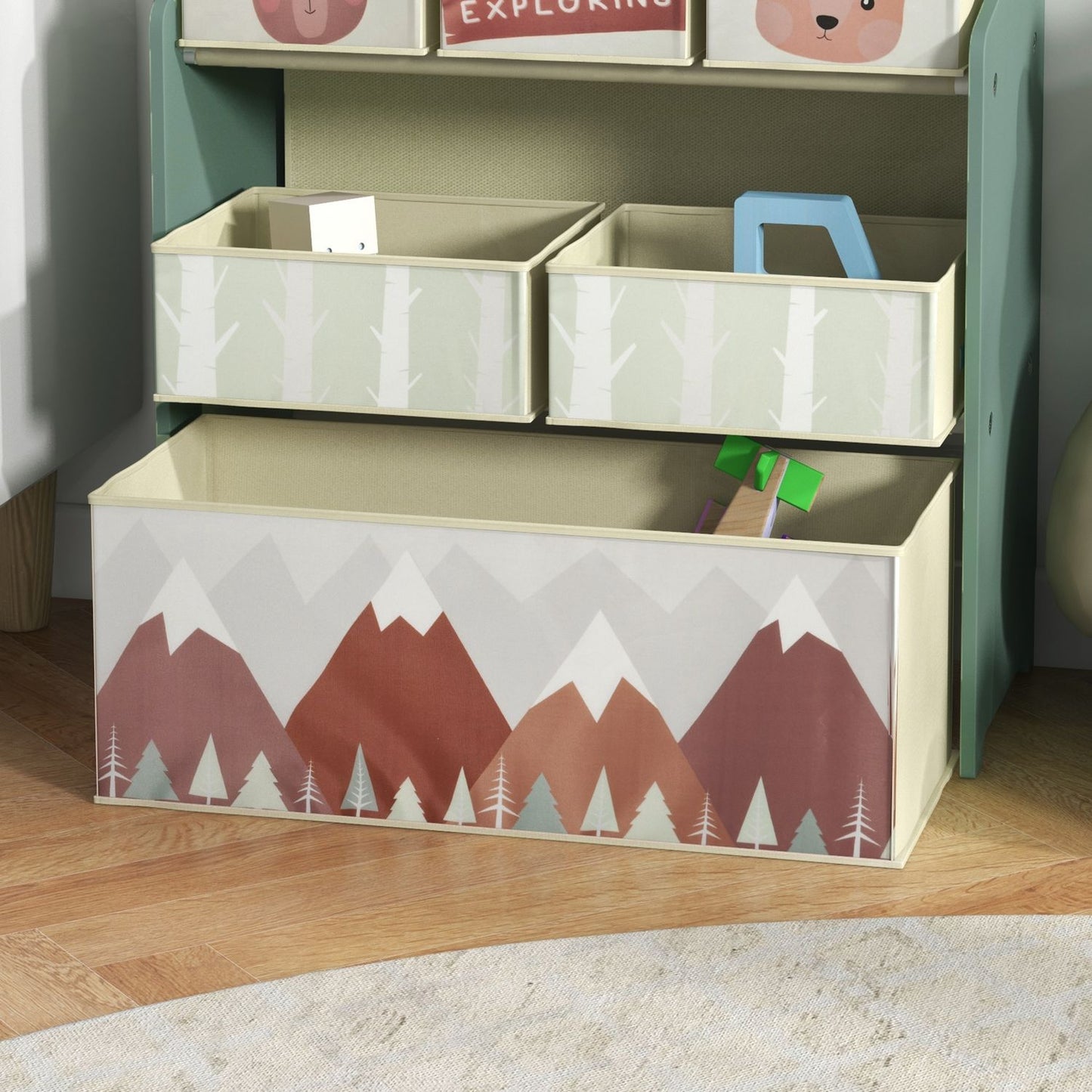 Storage shelf for children's toys with 6 green fabric compartments