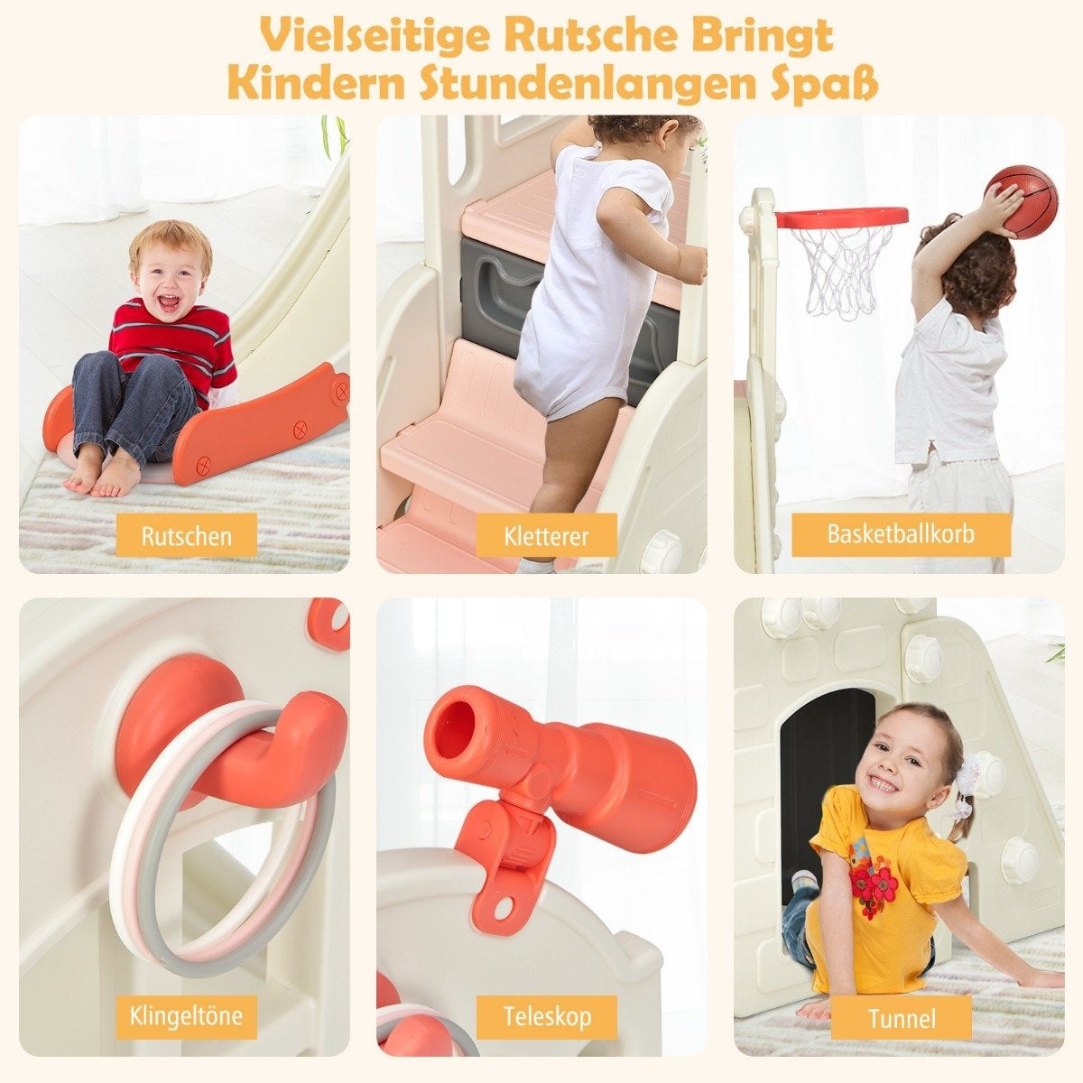 Children's slide climbing slide with basketball hoop ball ring toss and telescope 189.5 x 83 x 98 cm pink