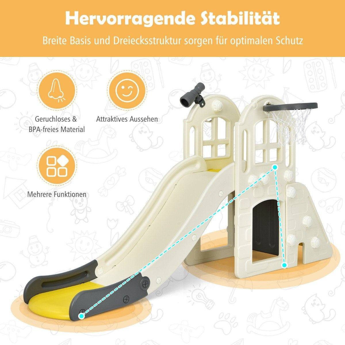 Children's slide climbing slide with basketball hoop ball ring toss and telescope 189.5 x 83 x 98 cm yellow