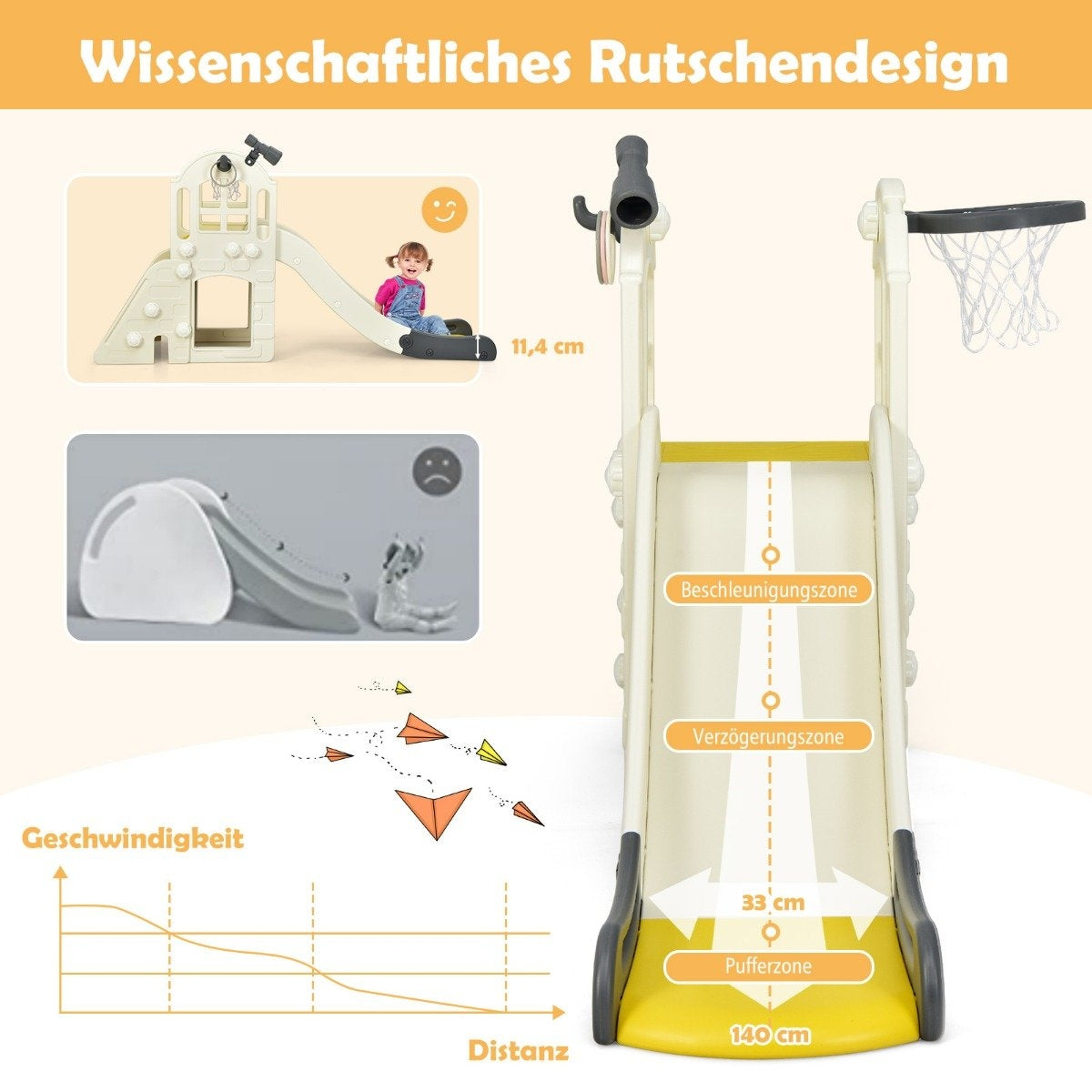 Children's slide climbing slide with basketball hoop ball ring toss and telescope 189.5 x 83 x 98 cm yellow