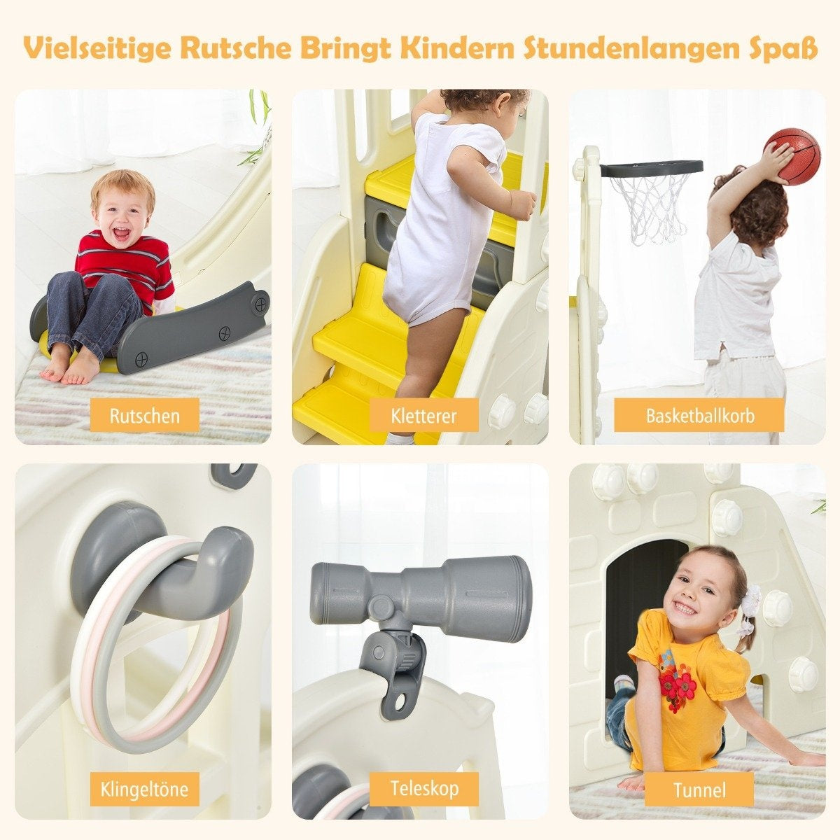 Children's slide climbing slide with basketball hoop ball ring toss and telescope 189.5 x 83 x 98 cm yellow