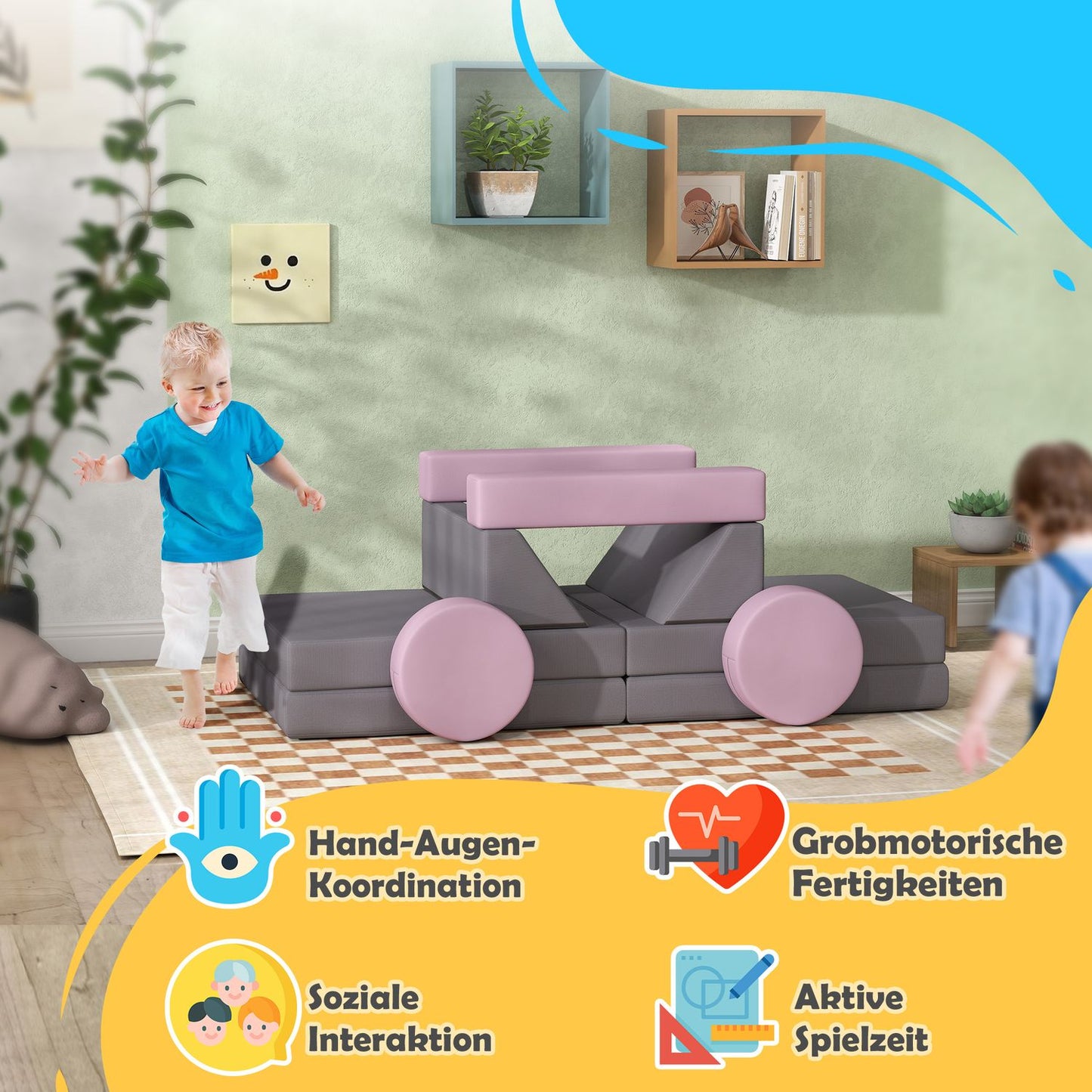 Modular foam sofa for children, 12-piece play sofa, grey/pink