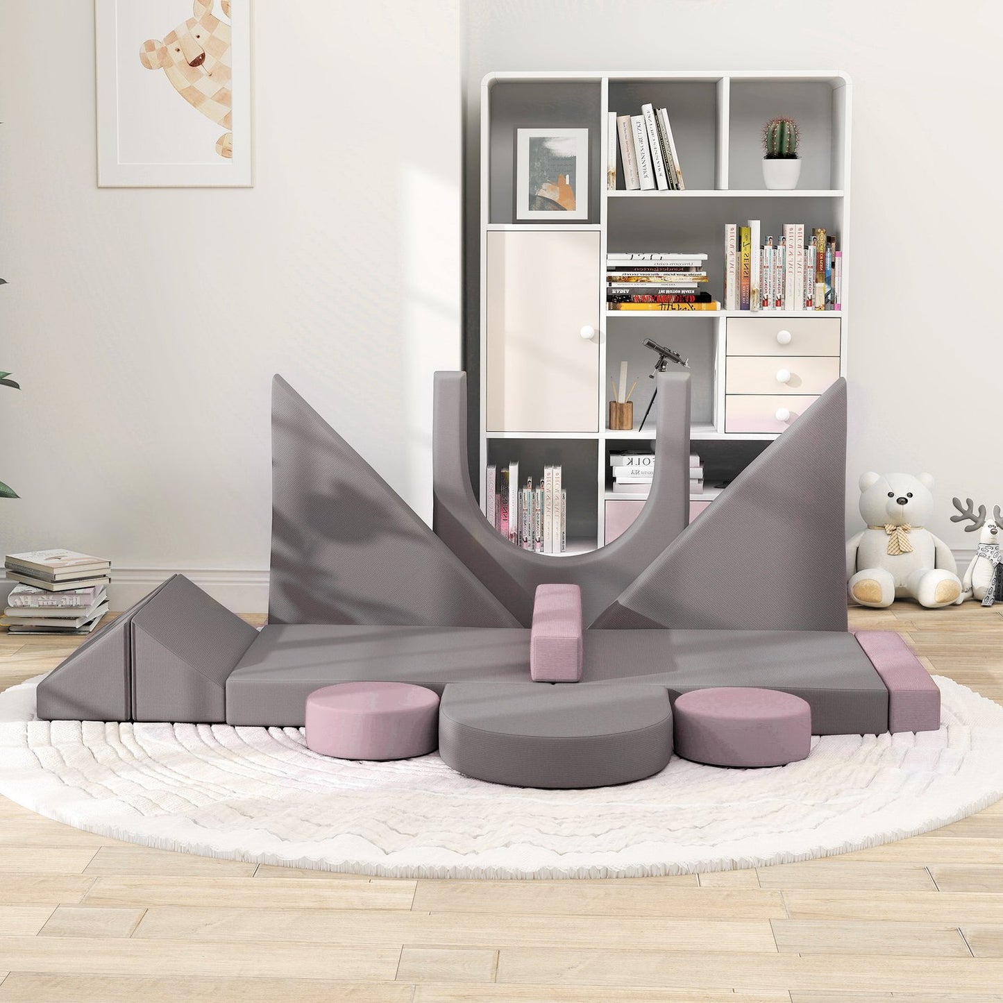 Modular foam sofa for children, 12-piece play sofa, grey/pink