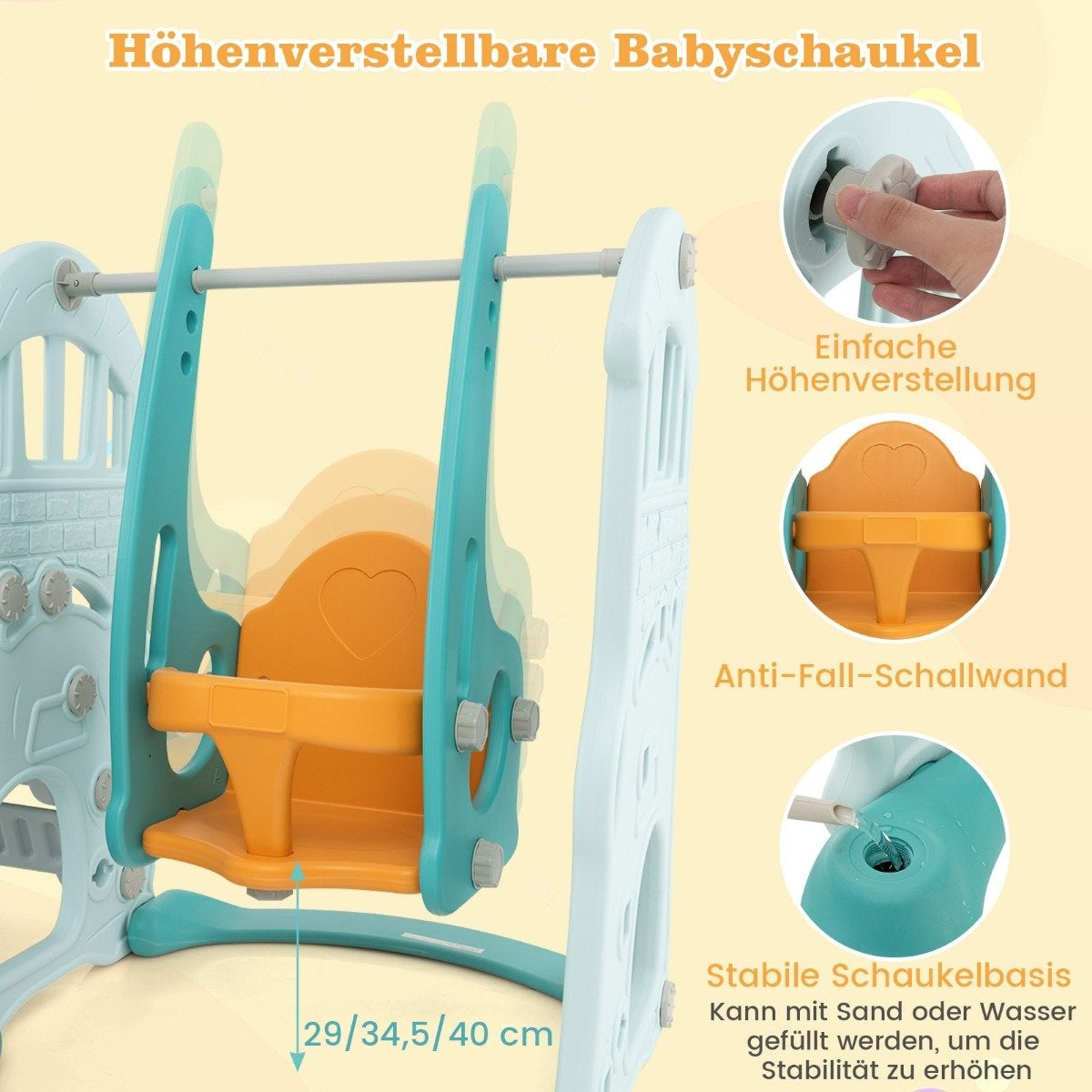 Children's swing with height-adjustable baby slide 4 in 1 swing & slide & basketball hoop & ladder green