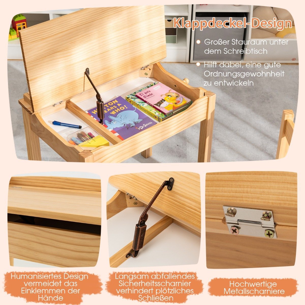 Children's table + chair made of solid wood with folding table top & drawer & hooks natural