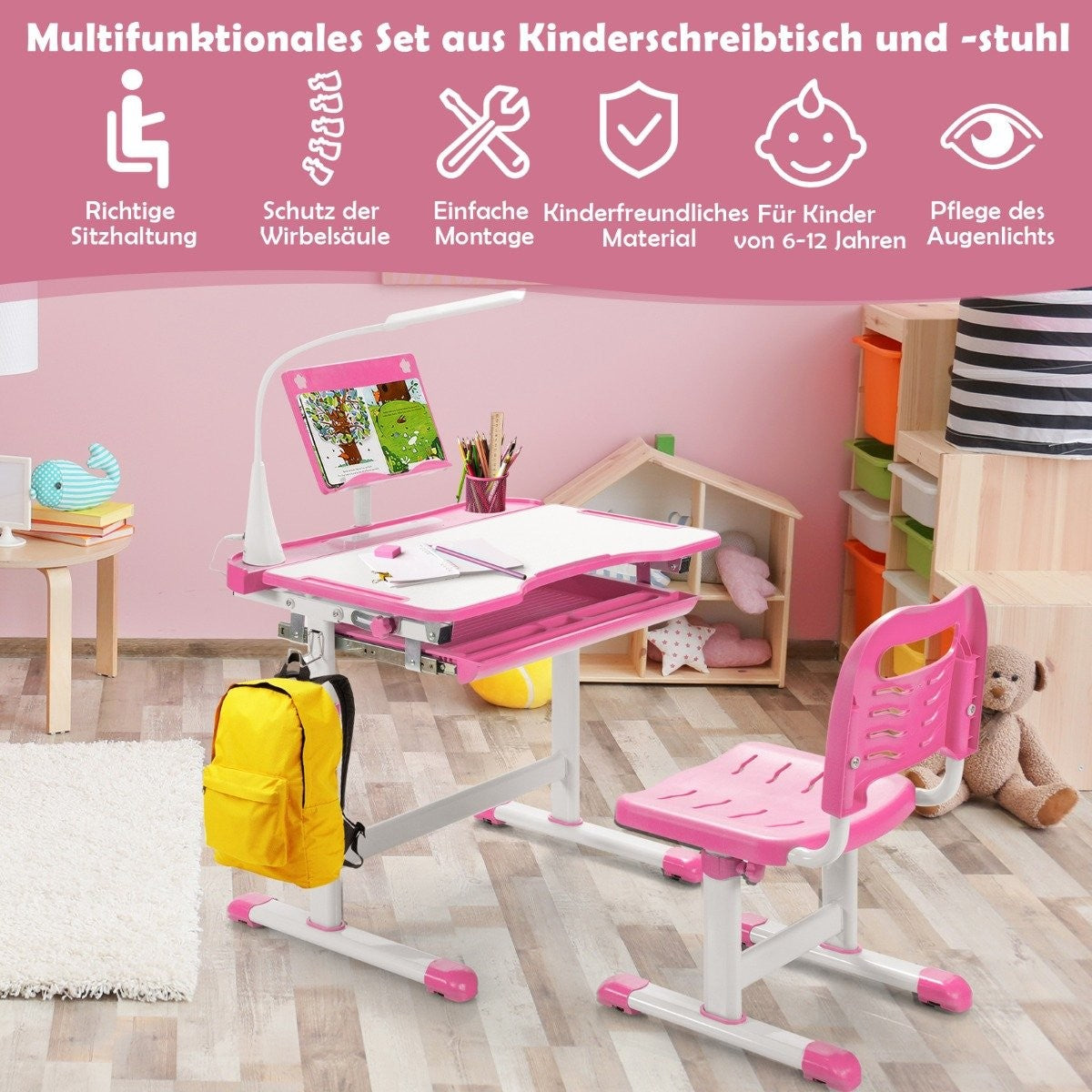 Children's table children's desk set with book stand and LED light for boys and girls pink