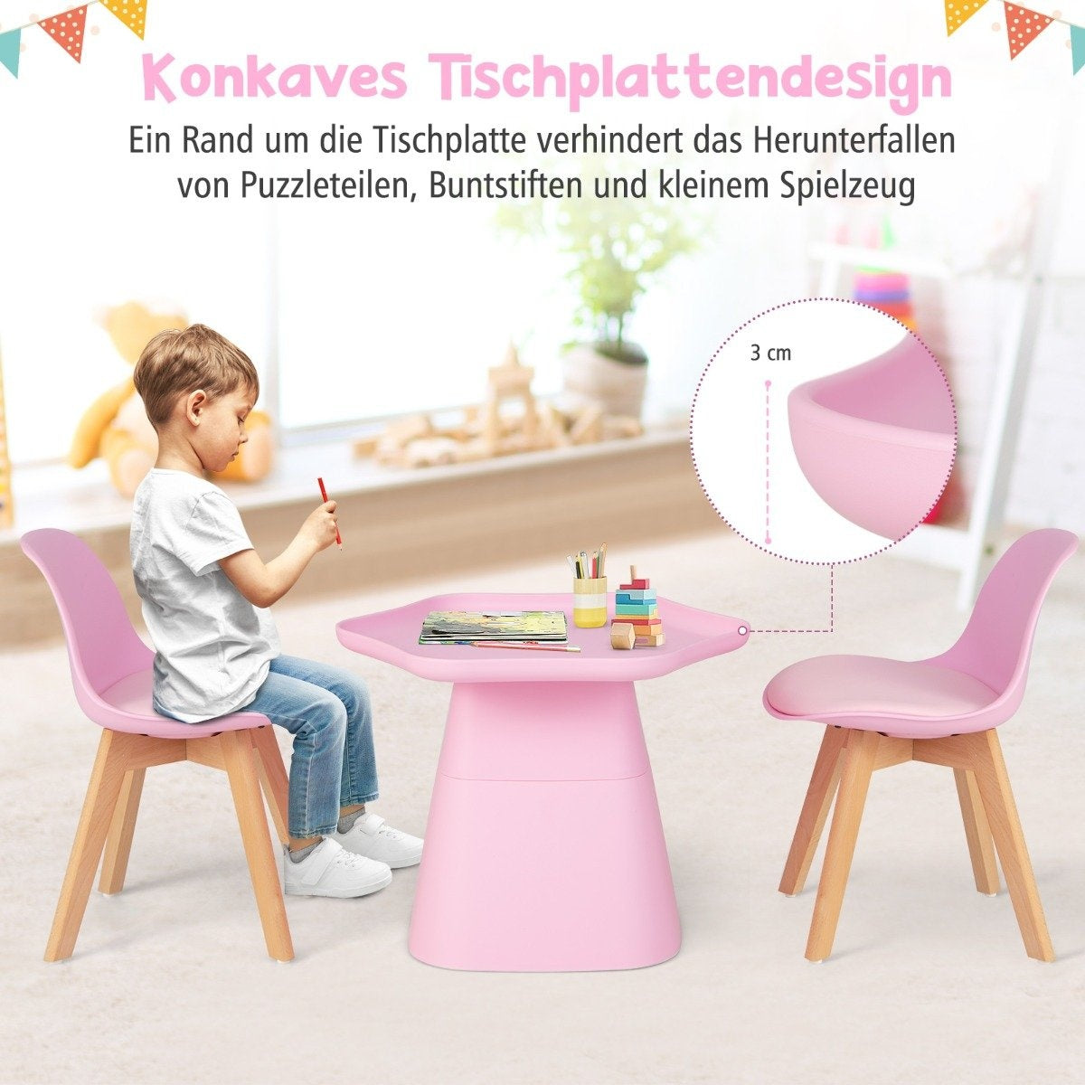 Children's table with 2 chairs 3 pieces. Children's seating group made of beech wood children's seating set pink