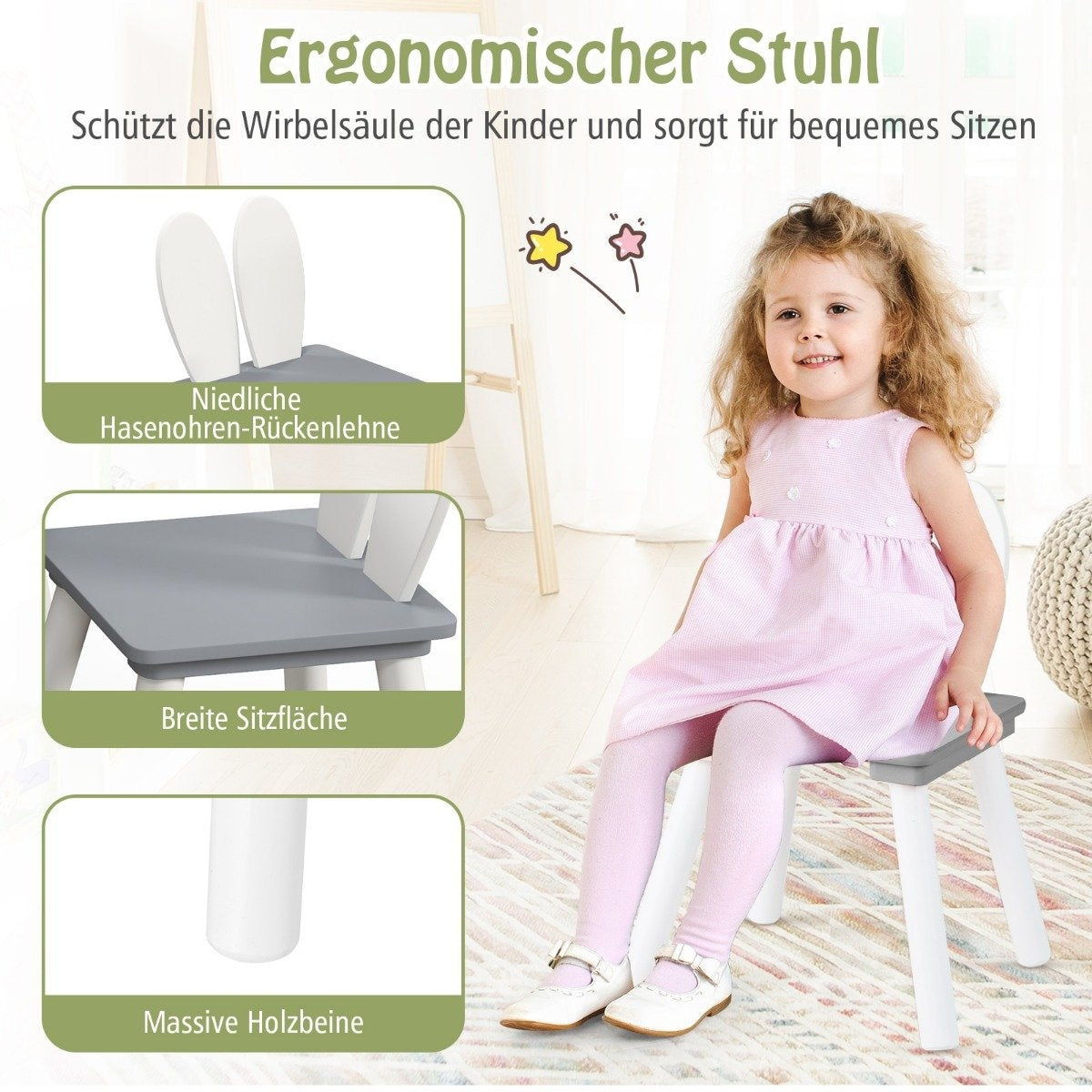 Children's table with 2 chairs 3 pieces. Children's seating group with gray solid wood legs