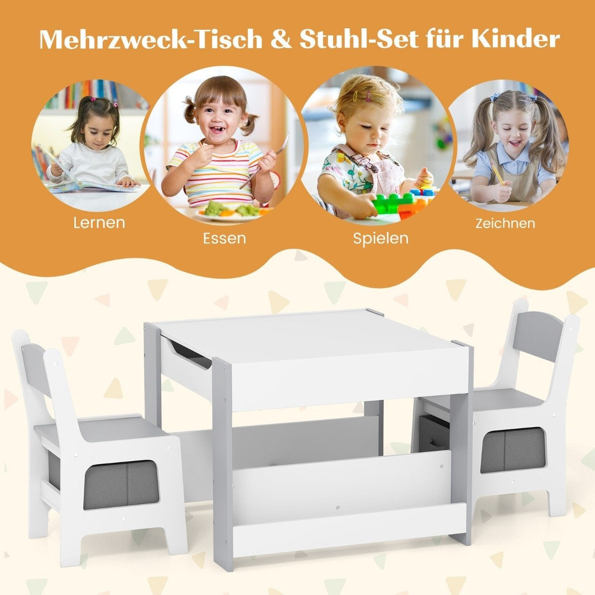 Children's table with 2 chairs & Reversible table top & Bookshelves 3-piece children's seating group gray
