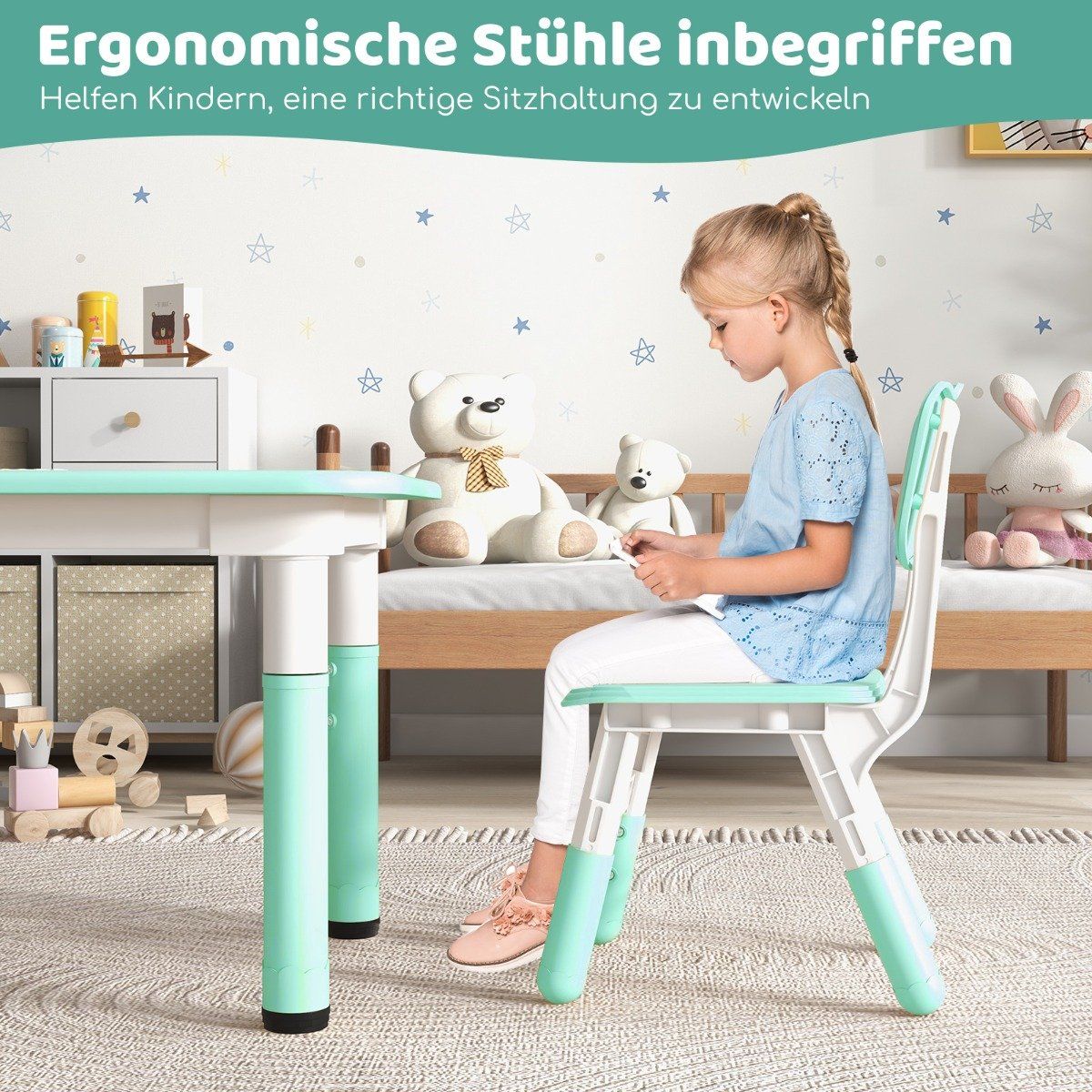 Children's table with 4 chairs set with graffiti table top, height-adjustable children's seating group, green