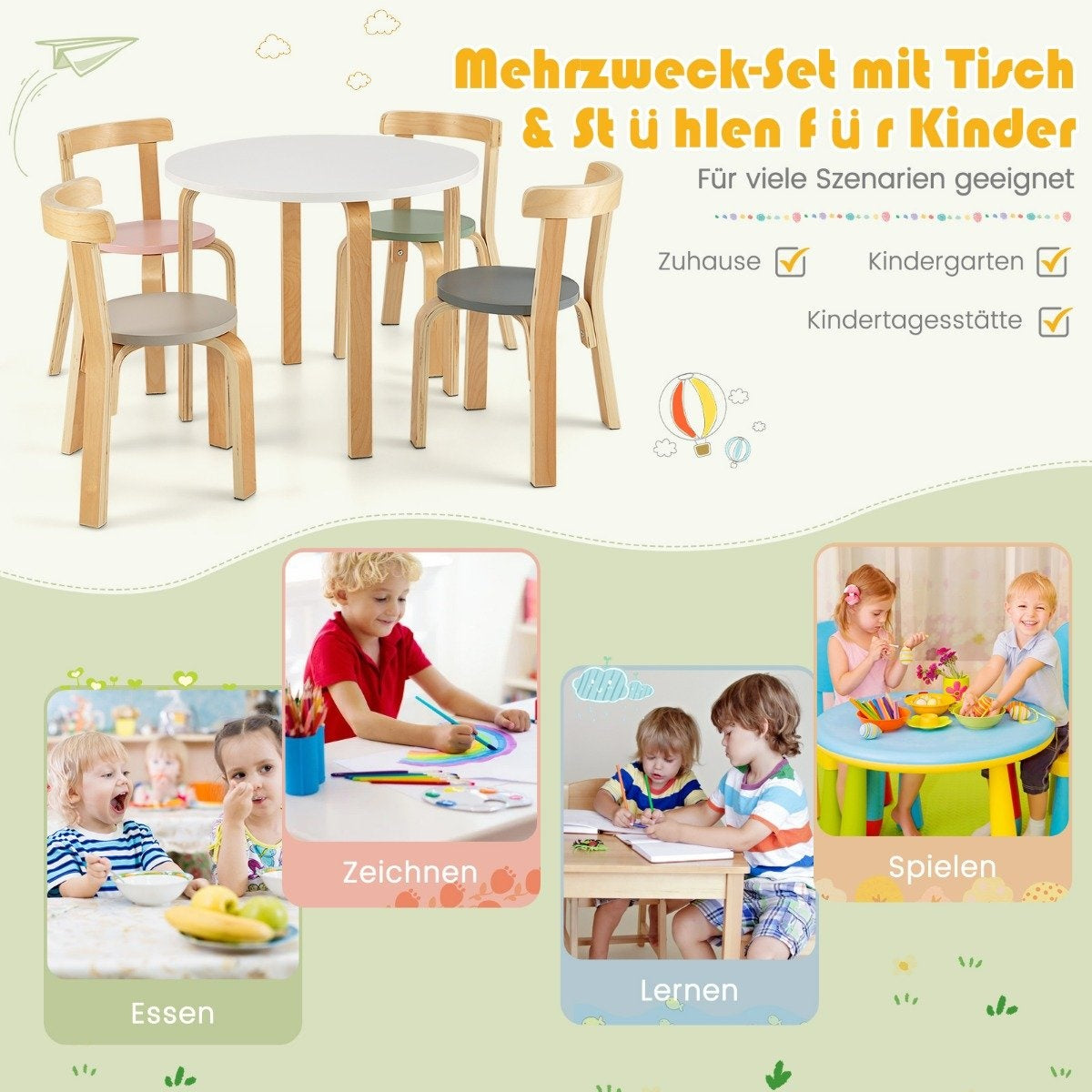 Children's table wooden table with 4 chairs for children children's table and chair set with backrest colorful