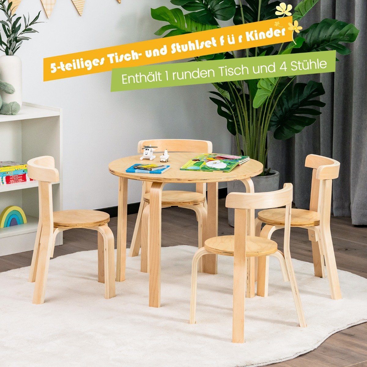 Children's table wooden table with 4 chairs for children children's table and chair set with natural backrest