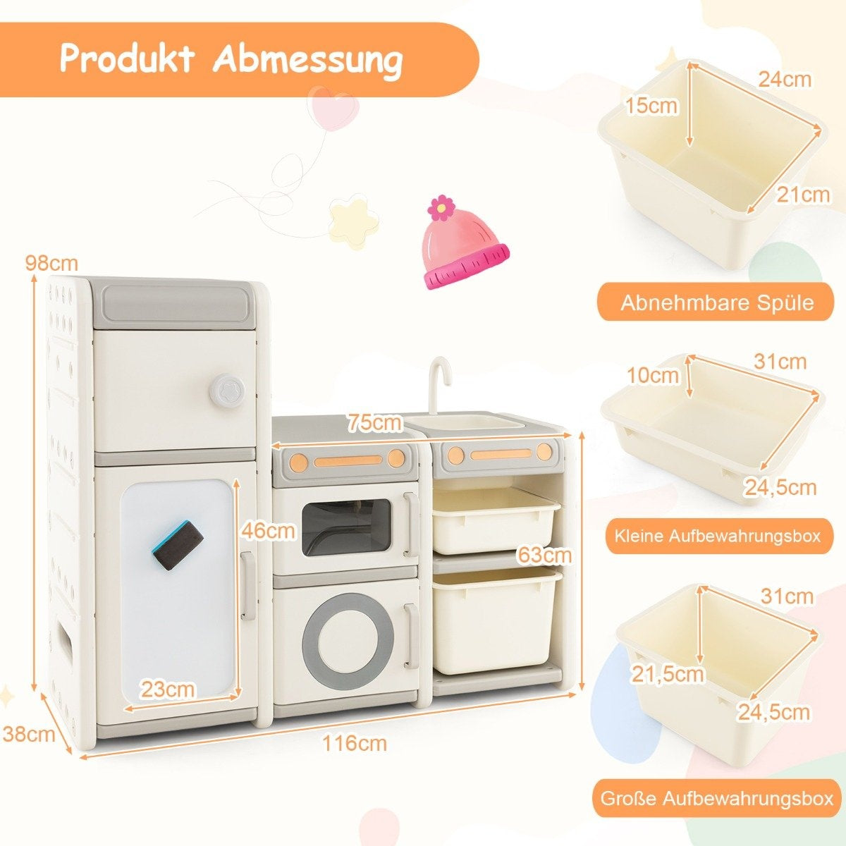 Children's toy cabinet with magnetic whiteboard & removable sink & tap