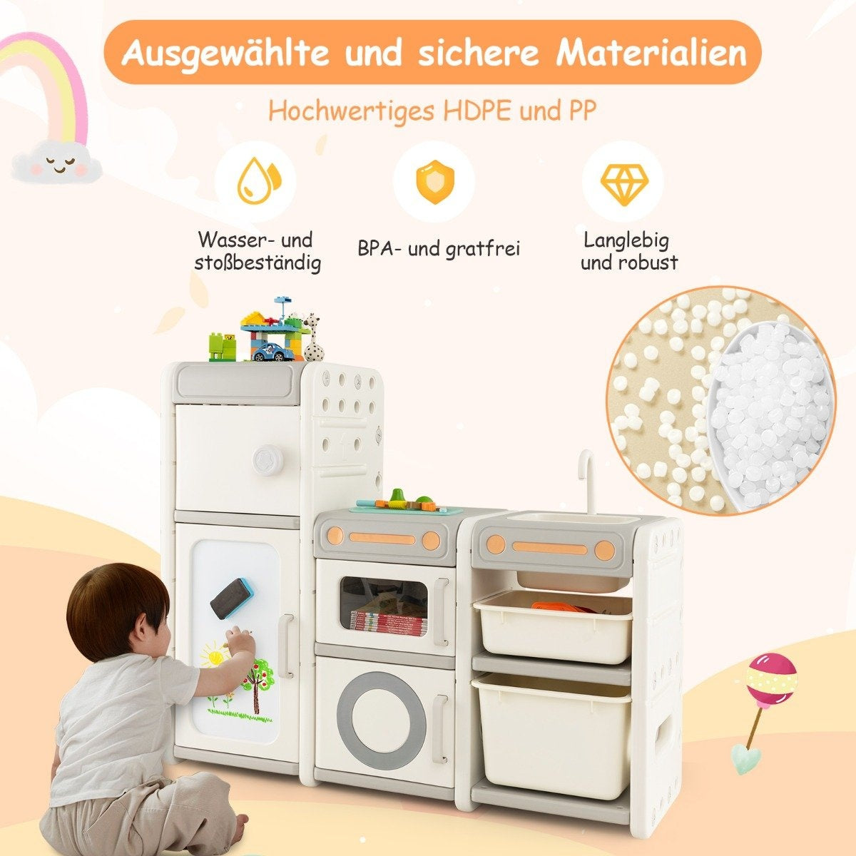 Children's toy cabinet with magnetic whiteboard & removable sink & tap
