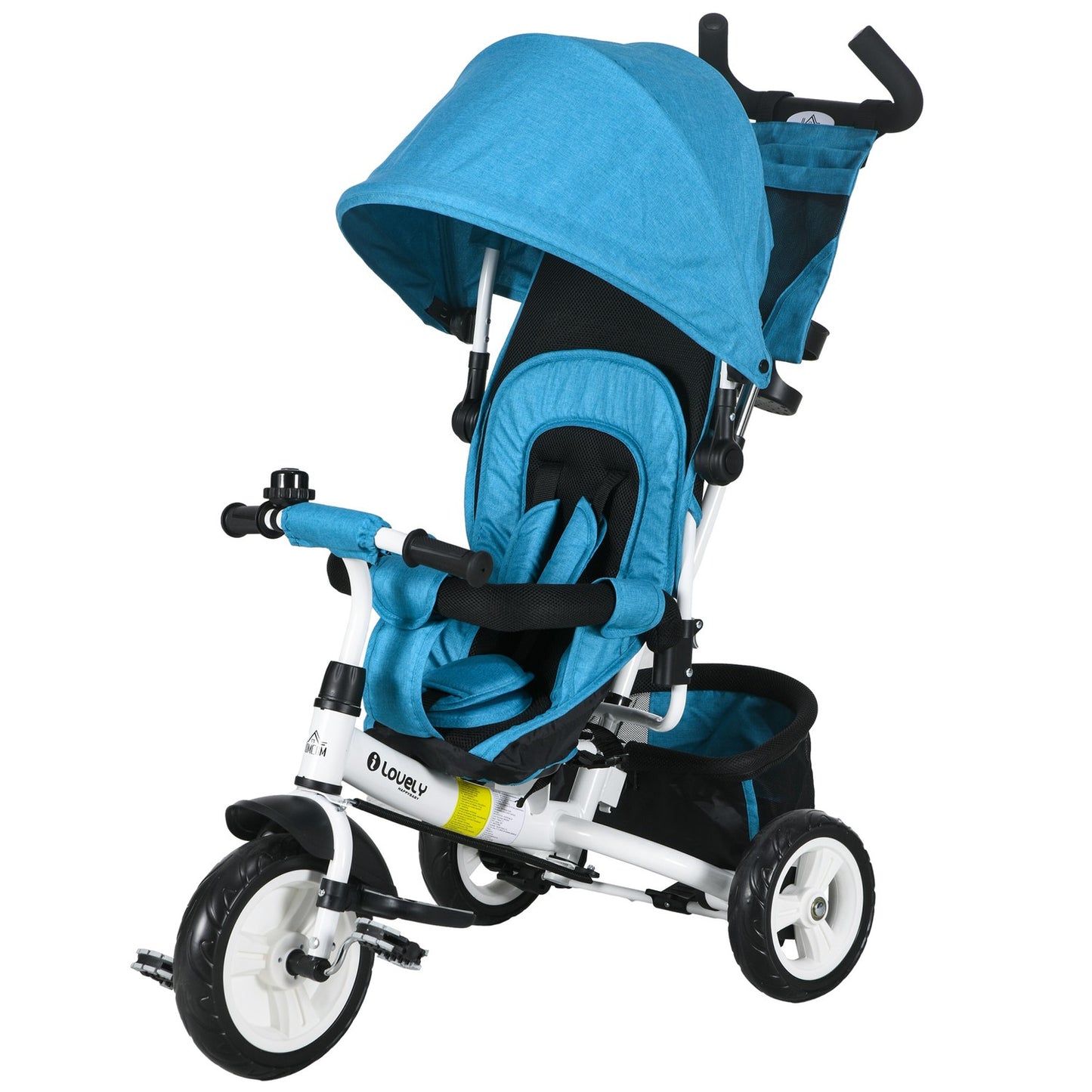 Children's tricycle, children's bike, back basket, cup holder, sun canopy, metal, blue