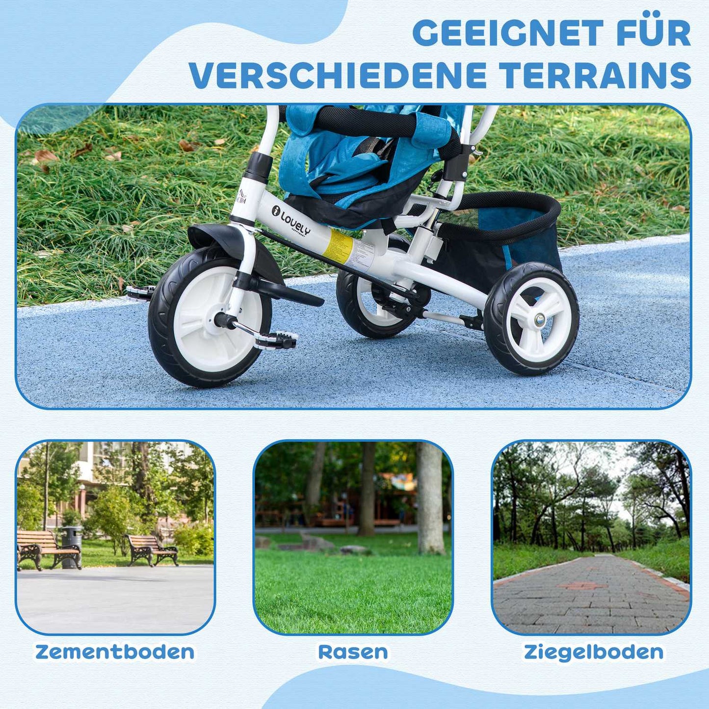 Children's tricycle, children's bike, back basket, cup holder, sun canopy, metal, blue