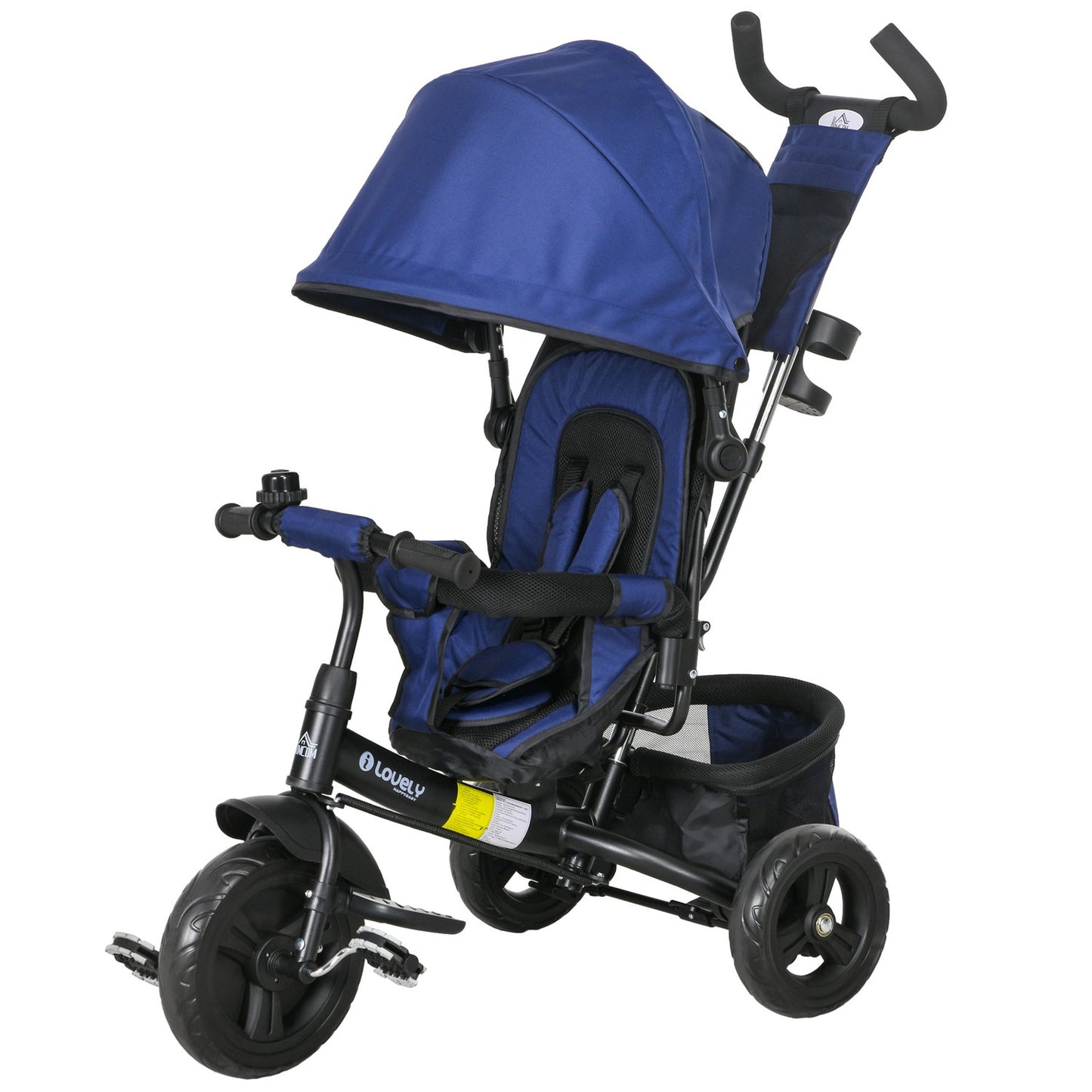 Toddler Tricycle with Push Handle, Sun Canopy, Dark Blue