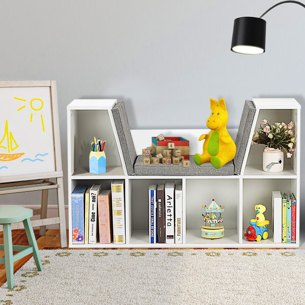 Children's wooden bookcase with cushions and back wall cube shelf 102.5 x 30 x 63.5 cm white