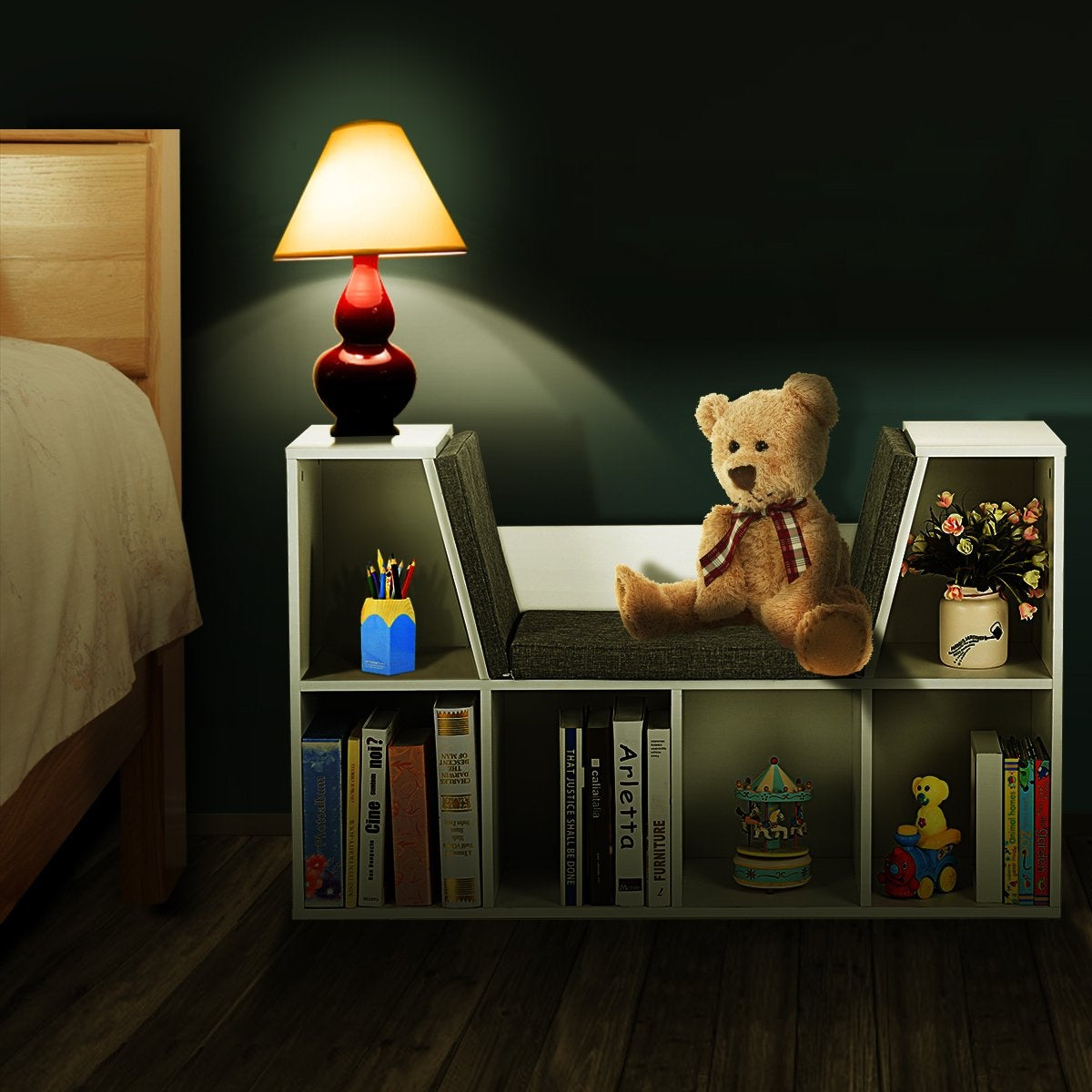 Children's wooden bookcase with cushions and back wall cube shelf 102.5 x 30 x 63.5 cm white