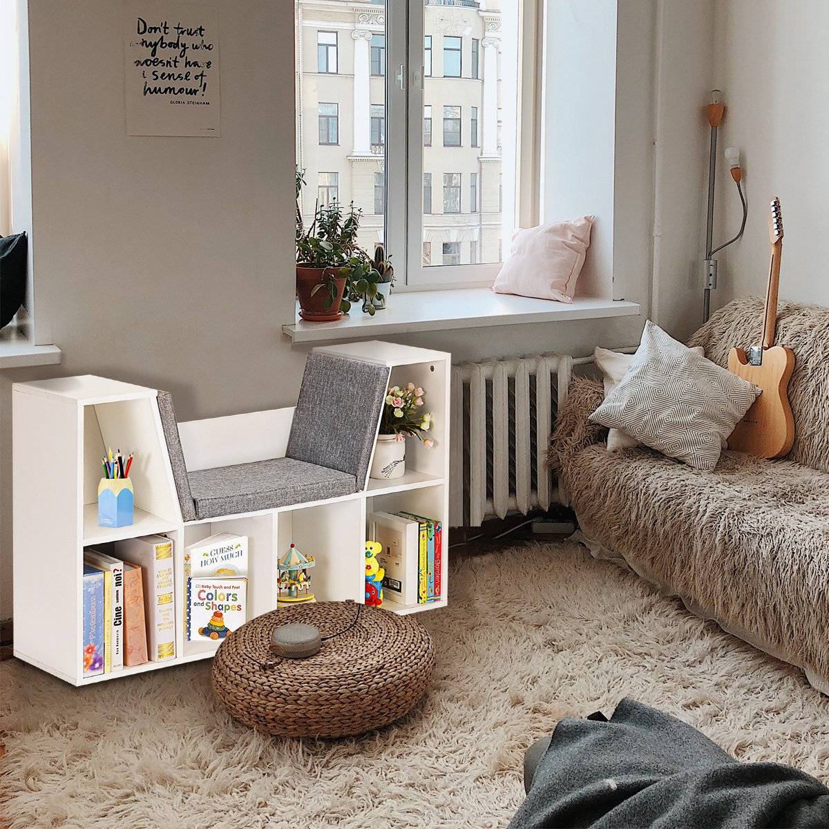 Children's wooden bookcase with cushions and back wall cube shelf 102.5 x 30 x 63.5 cm white